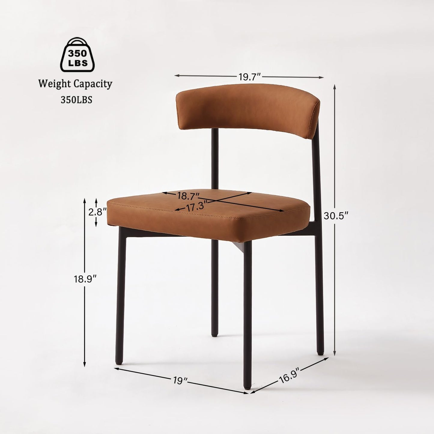 Set of 4 Brown Faux Leather Dining Chairs – Armless Upholstered Kitchen & Dining Chairs with Curved Backrest