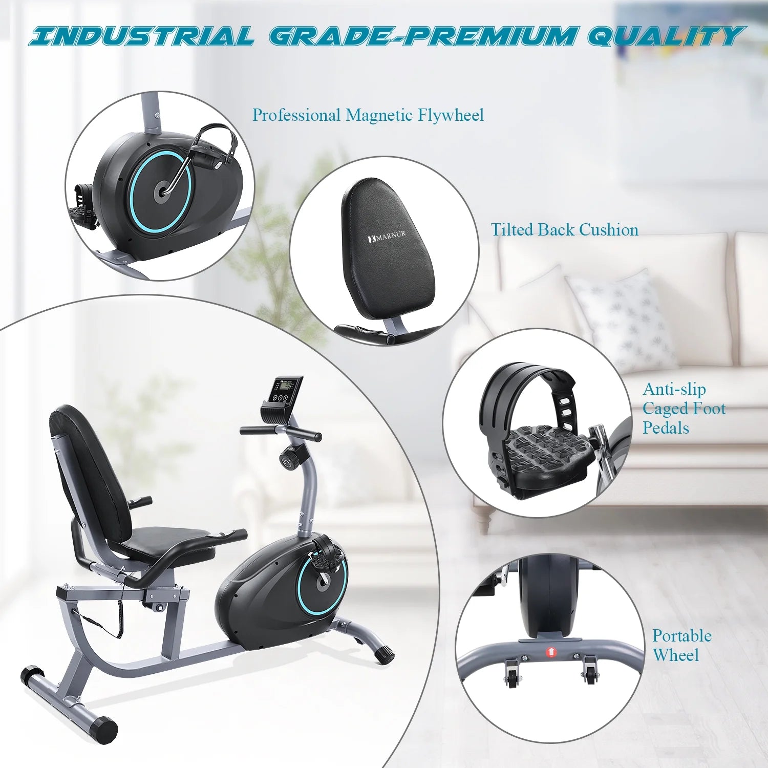 2025 MARNUR Recumbent Exercise Bike with 8 Levels Adjustable Resistance, LCD Monitor, Pad Holder, Wheels