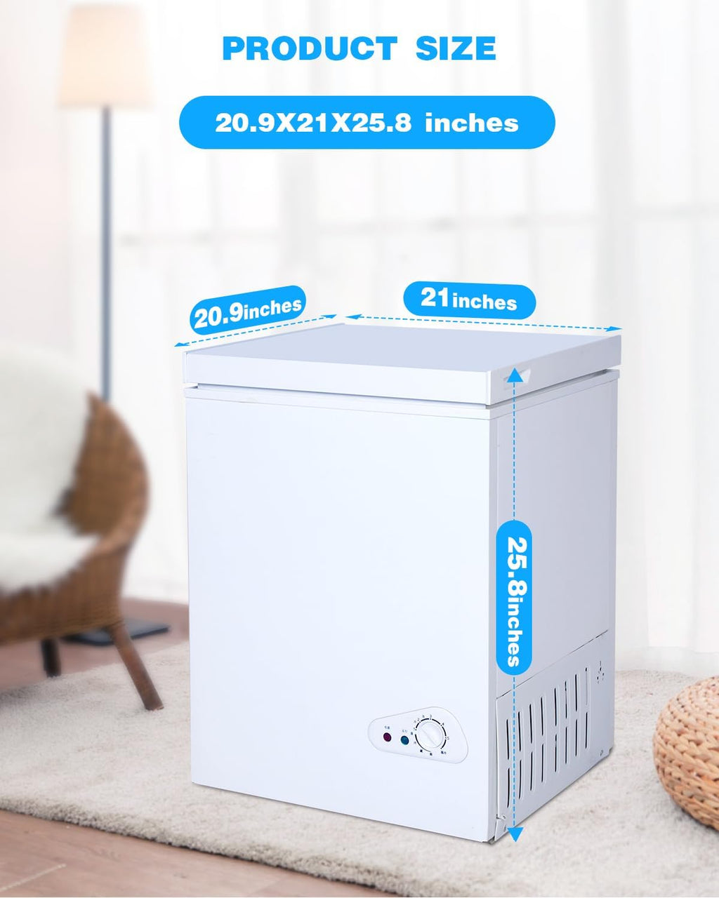 3.5 Cu.Ft Chest Freezer with a Removable Basket 7 Gears Adjustable Temperature Control(-18°F to -46°F), Deep Compact Freezer for Garage, Office, Basement, House, Kitchen, Shop, RVs-White