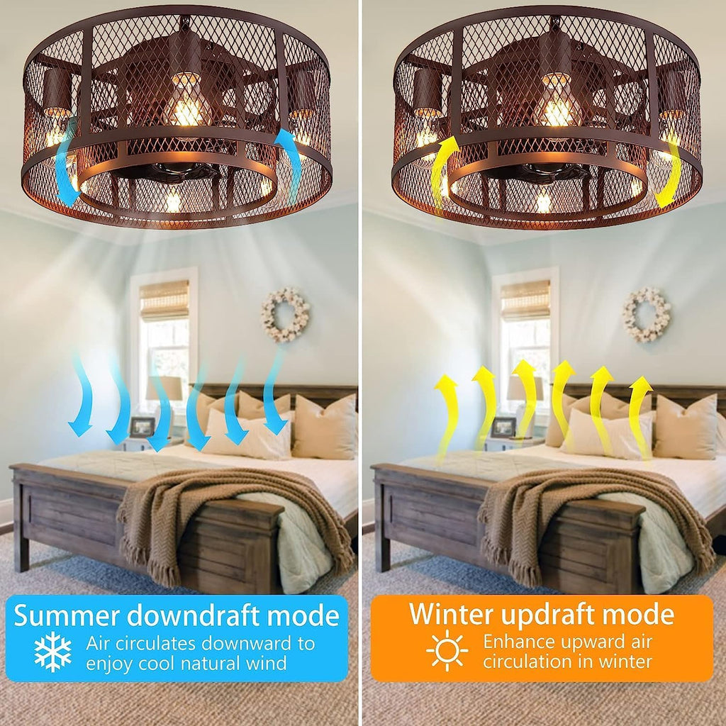 21 Inch Farmhouse Low Profile Ceiling Fan with Light Remote Control, Flush Mount Bladeless Ceiling Fan Lighting Fixture for Bedroom Living Room Kitchen Brown