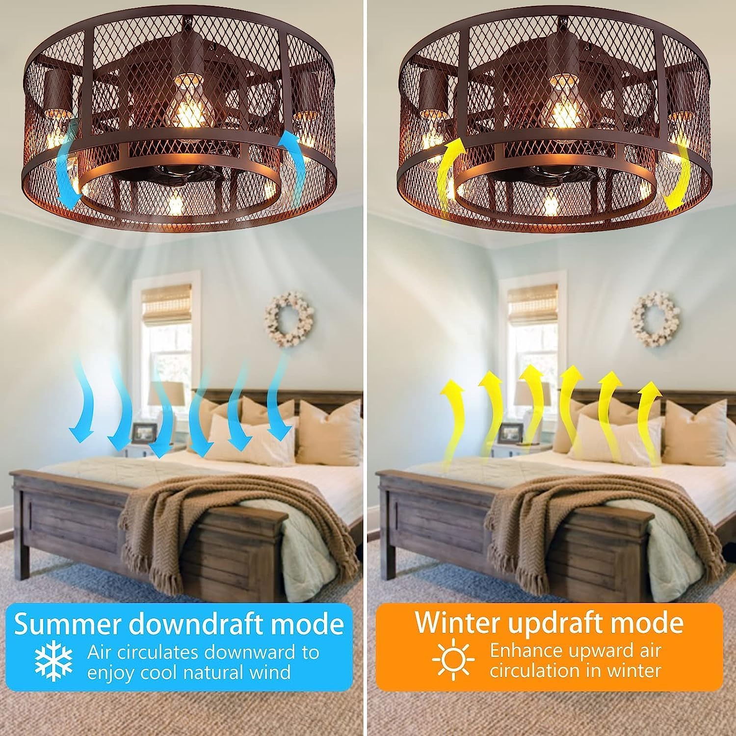 21 Inch Farmhouse Low Profile Ceiling Fan with Light Remote Control, Flush Mount Bladeless Ceiling Fan Lighting Fixture for Bedroom Living Room Kitchen Brown