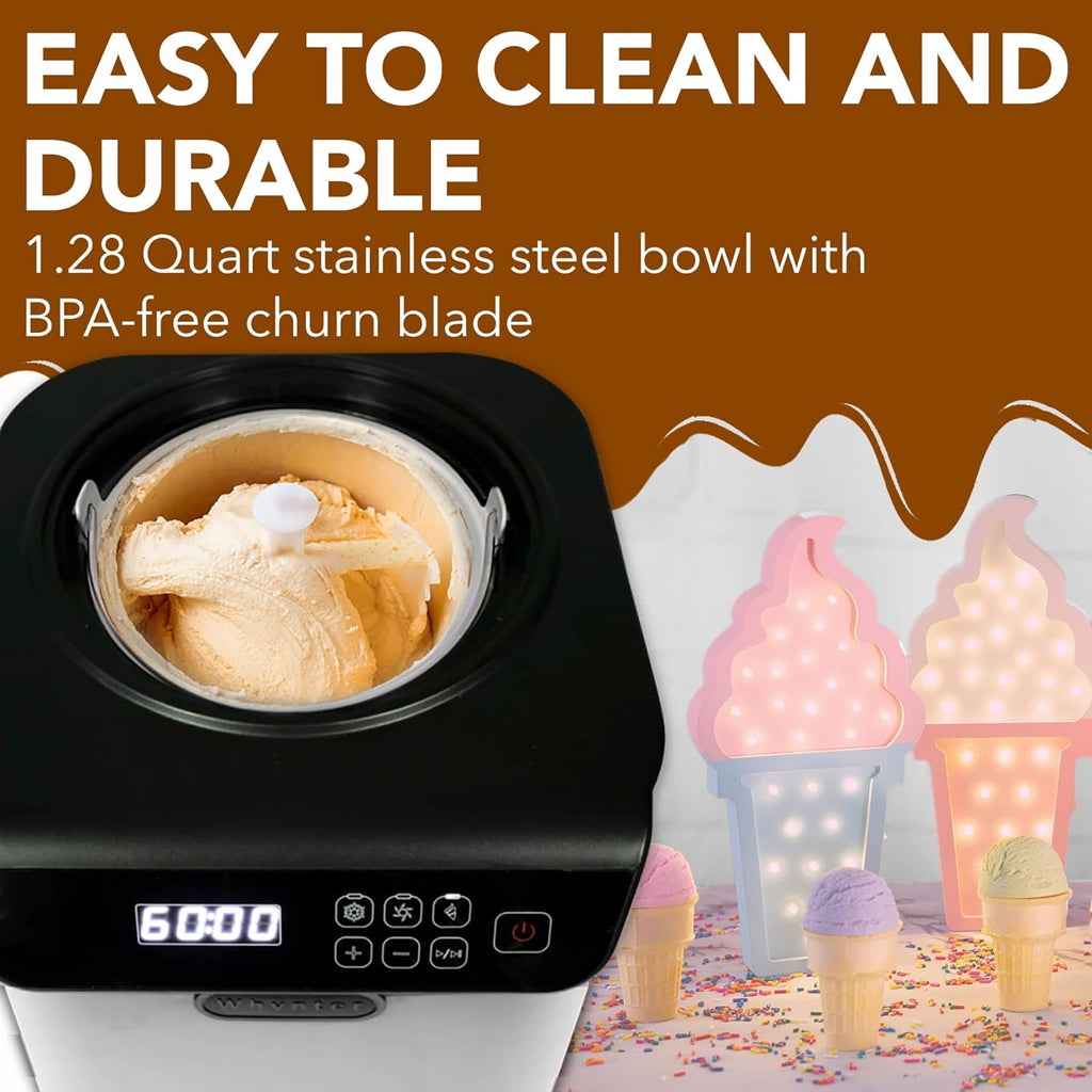 Automatic Ice Cream Maker 1.6 Quart Capacity Stainless Steel, with Built-in Compressor, no pre-Freezing, LCD Digital Display, Timer, One Size, Black