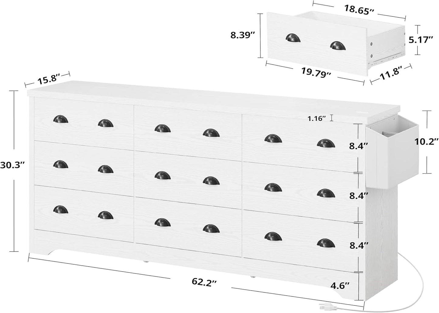63" 9-Drawer Dresser with Charging Station – Large Wood Storage Chest for Bedroom or Living Room, White