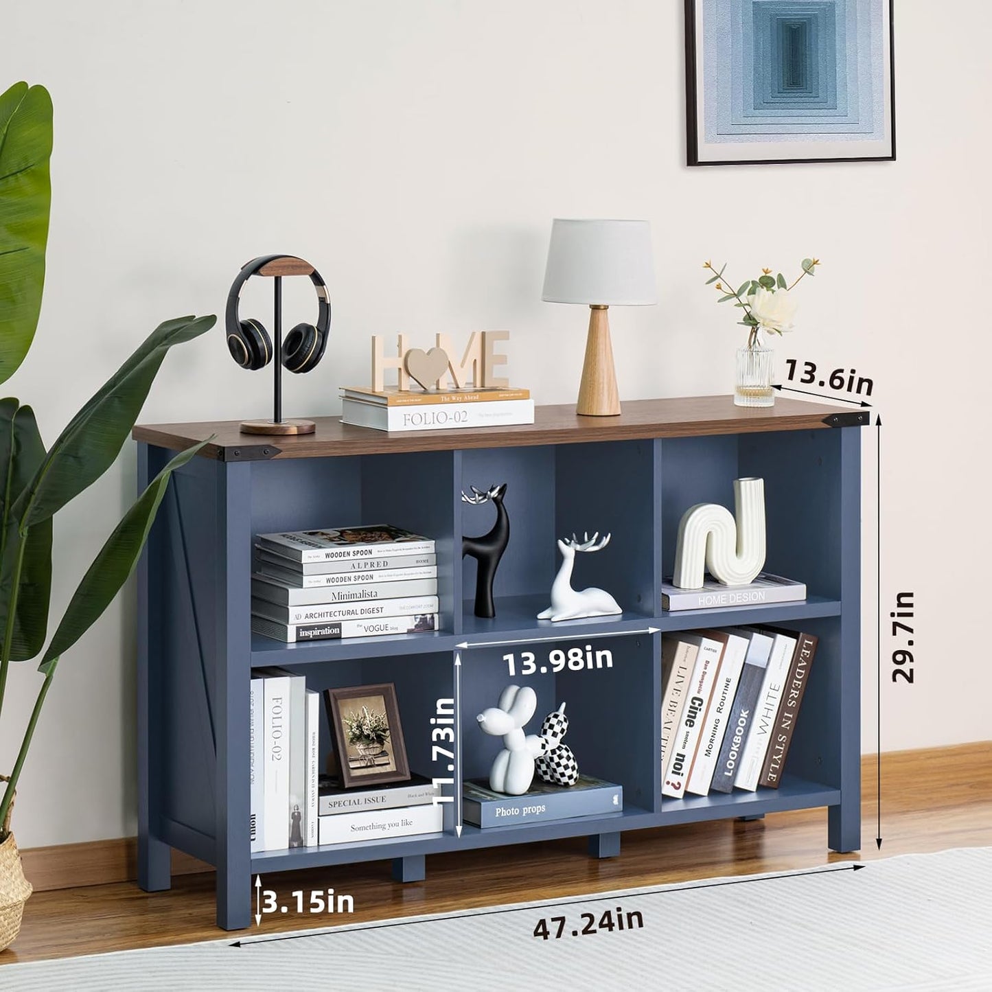6-Cube Farmhouse Wood Low Storage Organizer – 47" Horizontal Navy Console Bookshelf with Legs