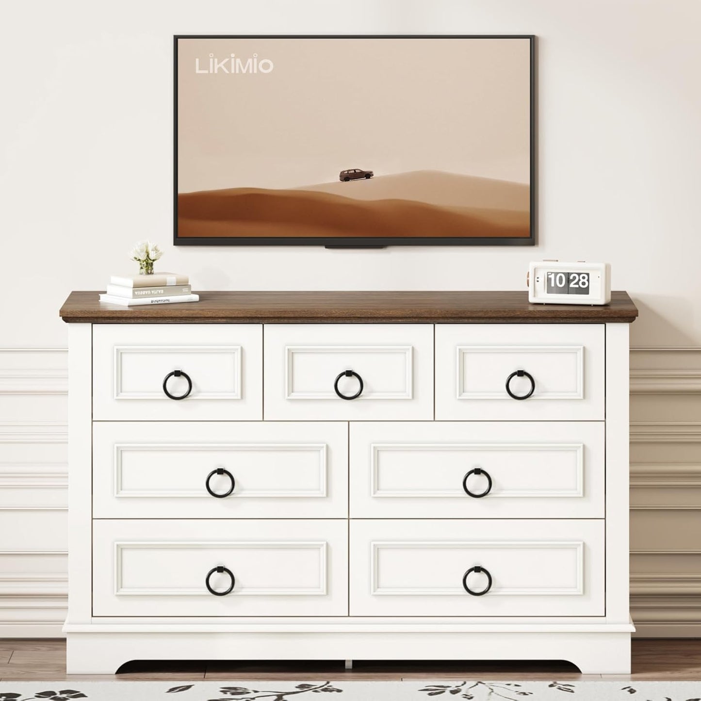 Farmhouse 7-Drawer Dresser – Rustic White Wood Chest for Bedroom, Hallway, or Entryway