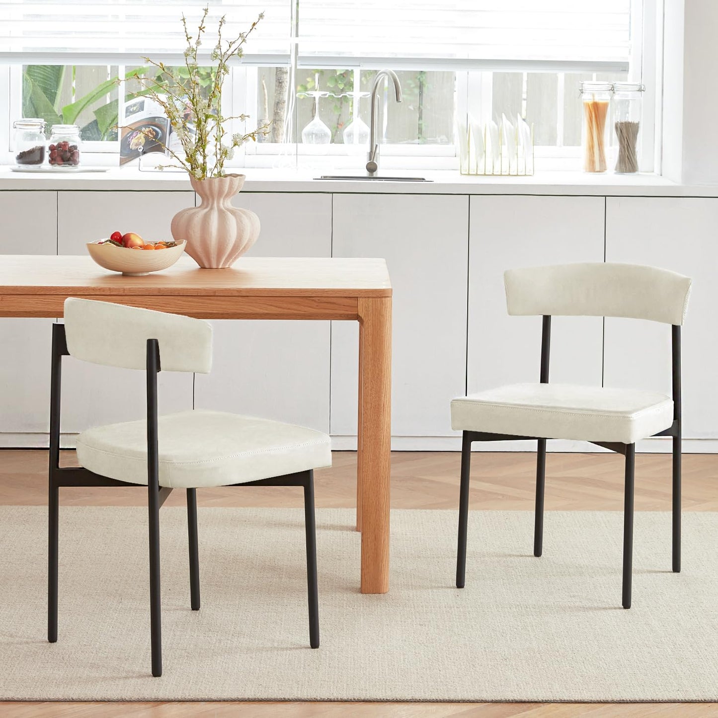 Set of 4 Brown Faux Leather Dining Chairs – Armless Upholstered Kitchen & Dining Chairs with Curved Backrest