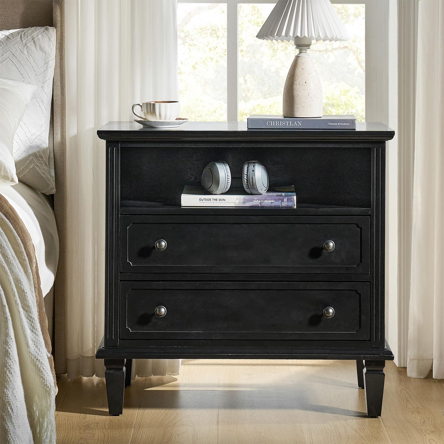 Farmhouse Nightstand Set of 2 with Charging Station – 2-Drawer Bedside Tables with Open Shelf, White Finish