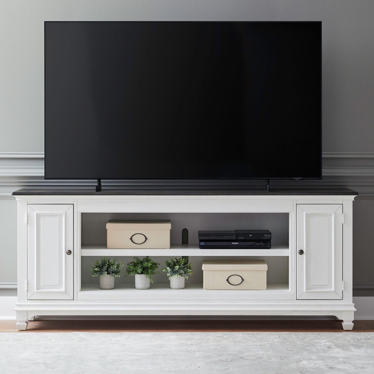 72-Inch Rustic White TV Stand with Charcoal Tops – Entertainment Center with Beveled Glass Doors, Adjustable Shelving & Wire Management
