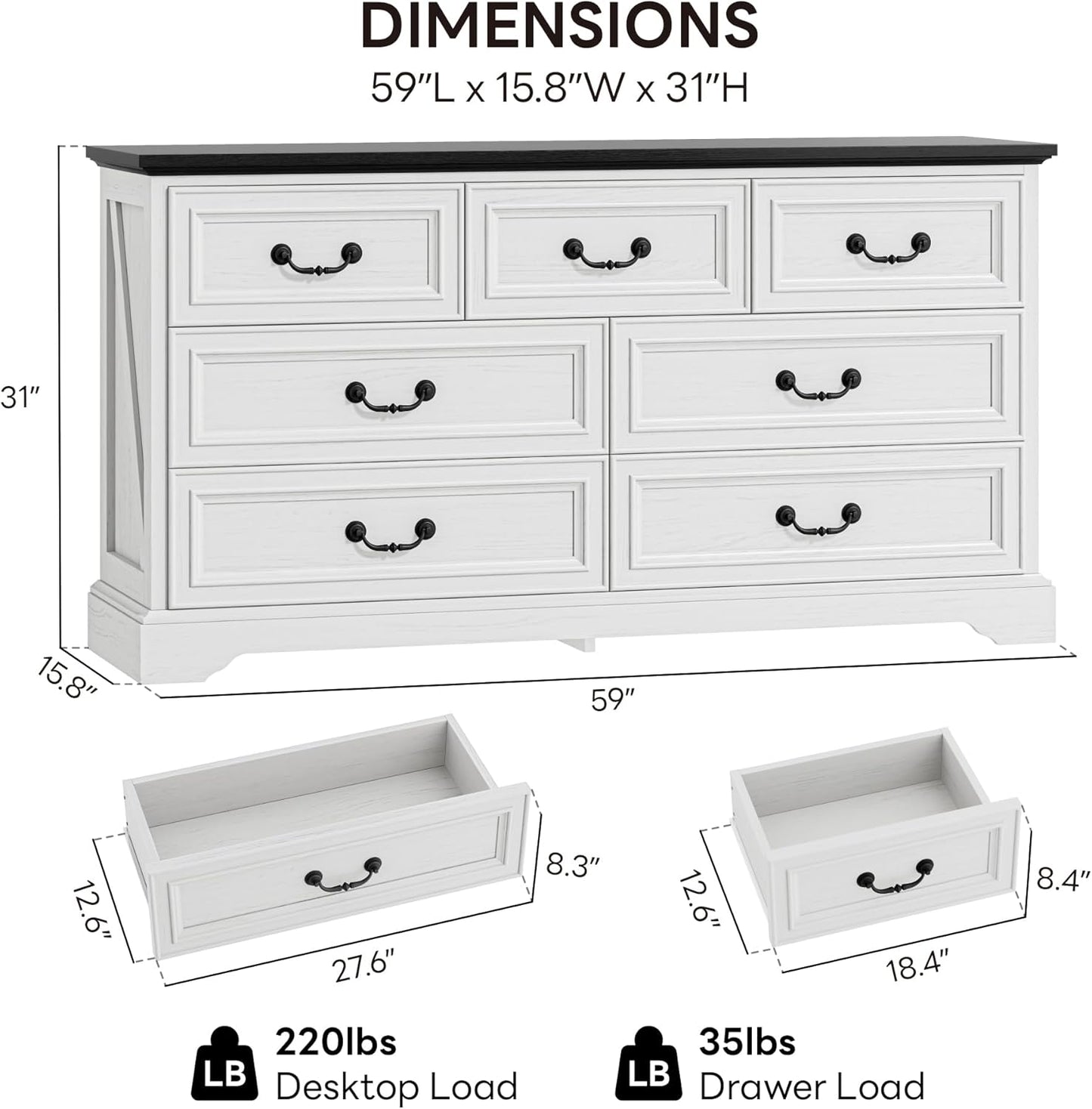 Farmhouse 7-Drawer Dresser – 59" Wide Rustic White Wooden Chest for Bedroom, Hallway, or Living Room