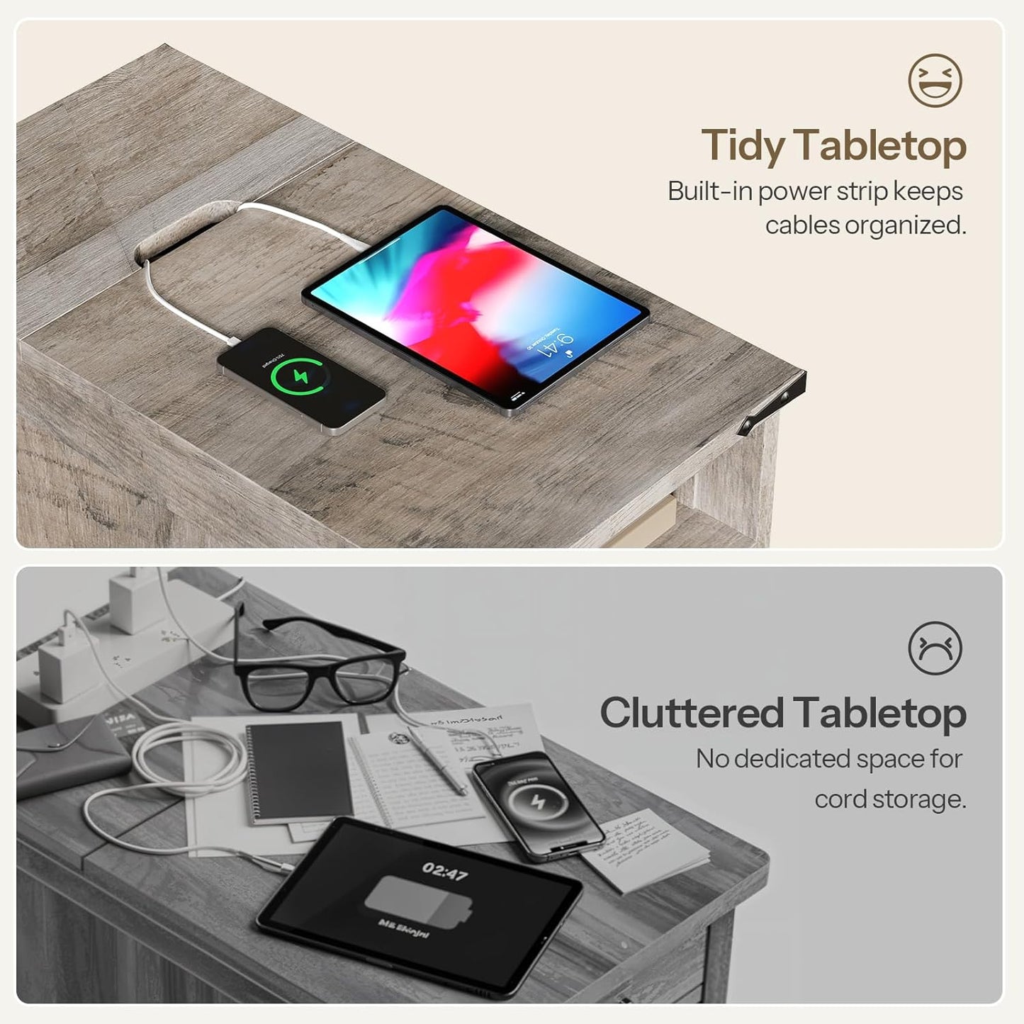 Narrow Farmhouse End Table with Charging Station – Slim Side Table / Small Nightstand for Living Room & Small Spaces, Flip-Top Storage, Greige