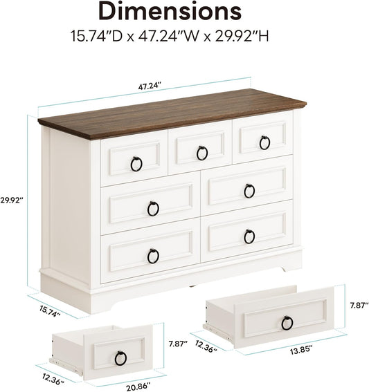 Farmhouse 7-Drawer Dresser – Rustic White Wood Chest for Bedroom, Hallway, or Entryway