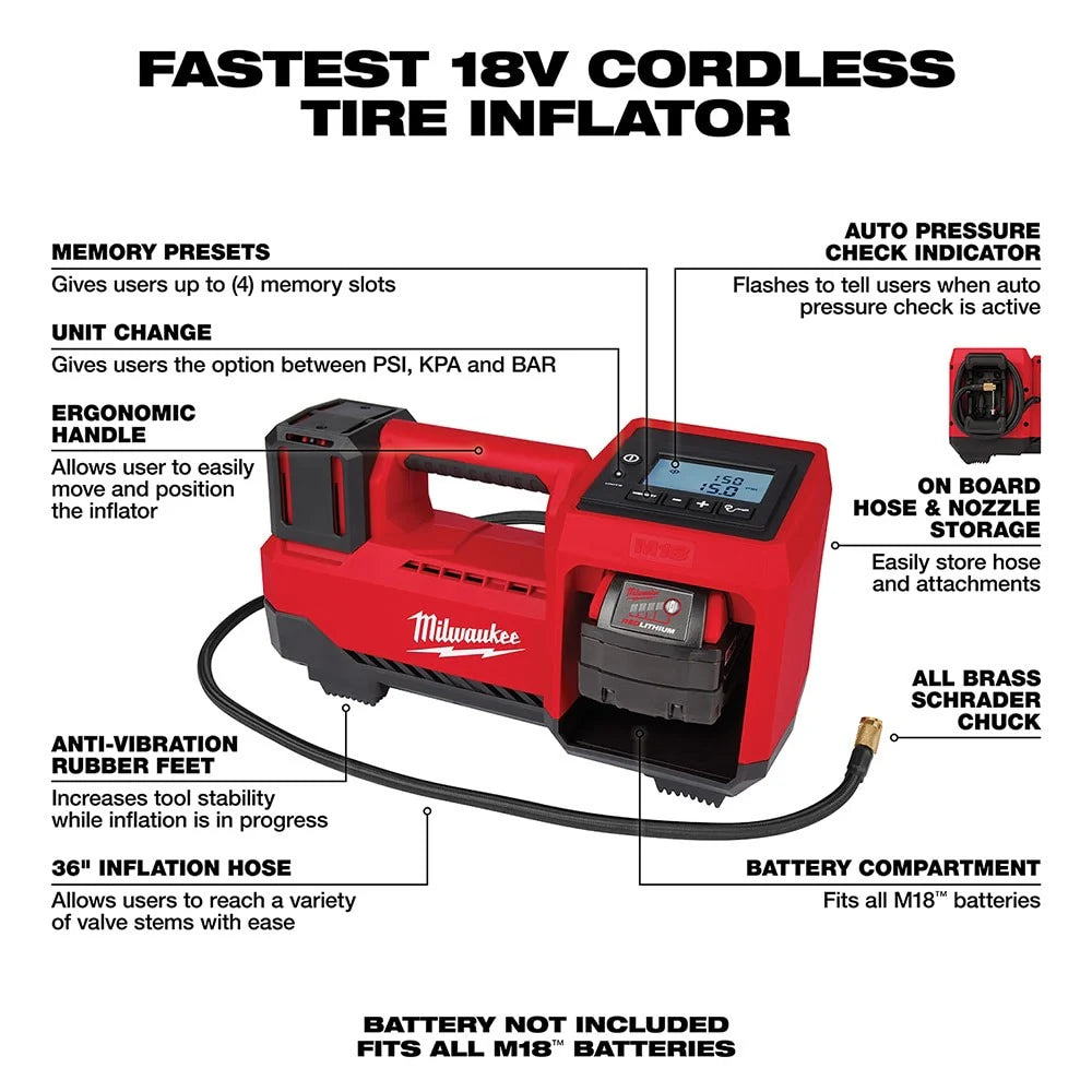 2025 Milwaukee 2848-20 M18 Compact Tire Inflator, Tool Only