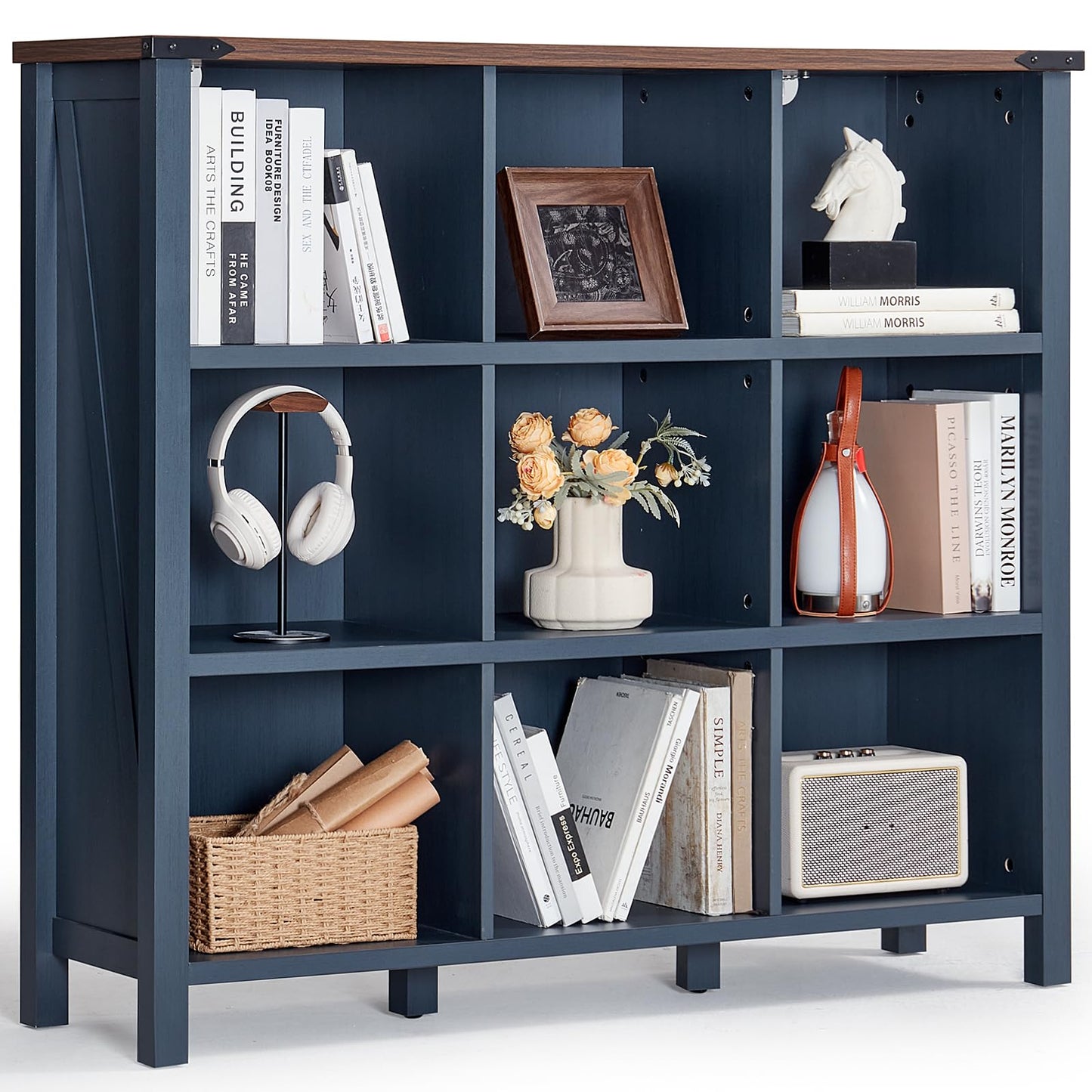 6-Cube Farmhouse Wood Low Storage Organizer – 47" Horizontal Navy Console Bookshelf with Legs