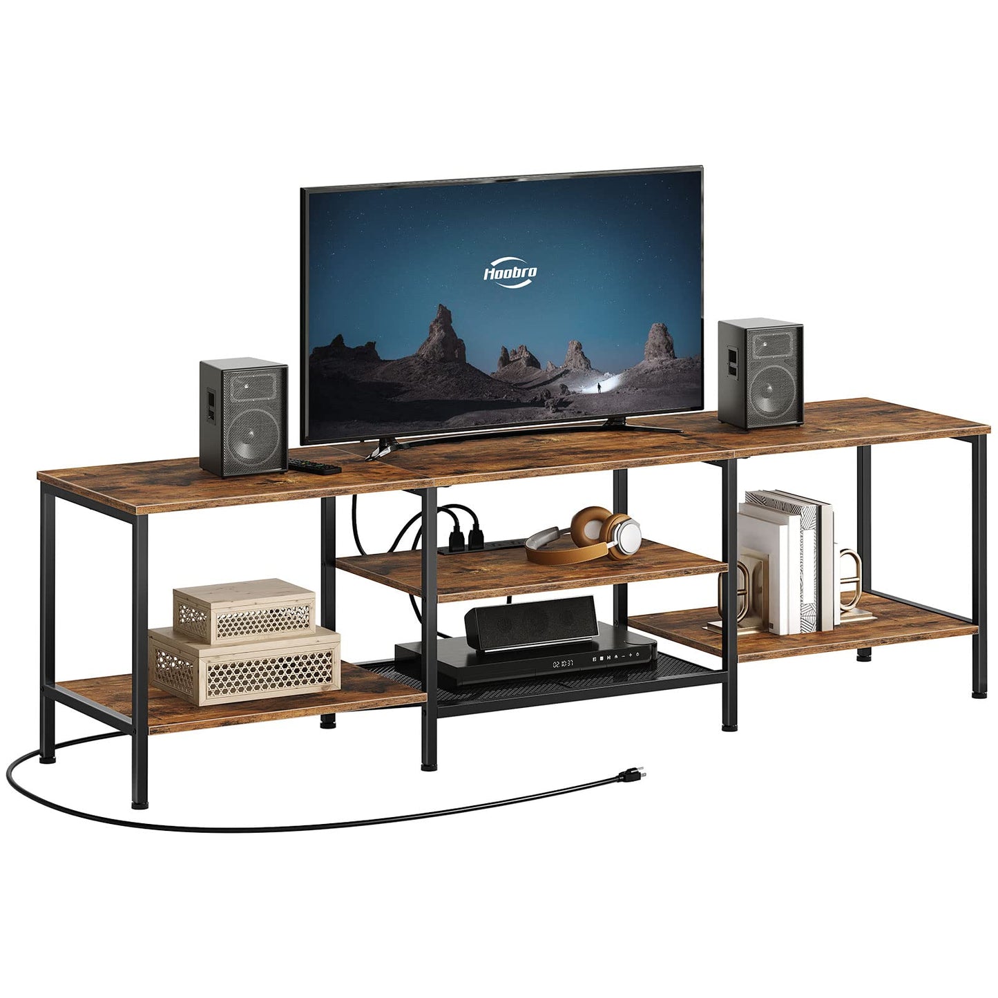 Industrial TV Console for TVs up to 65 Inches – Media Storage Table with Power Outlets & Open Shelves, Rustic Brown and Black