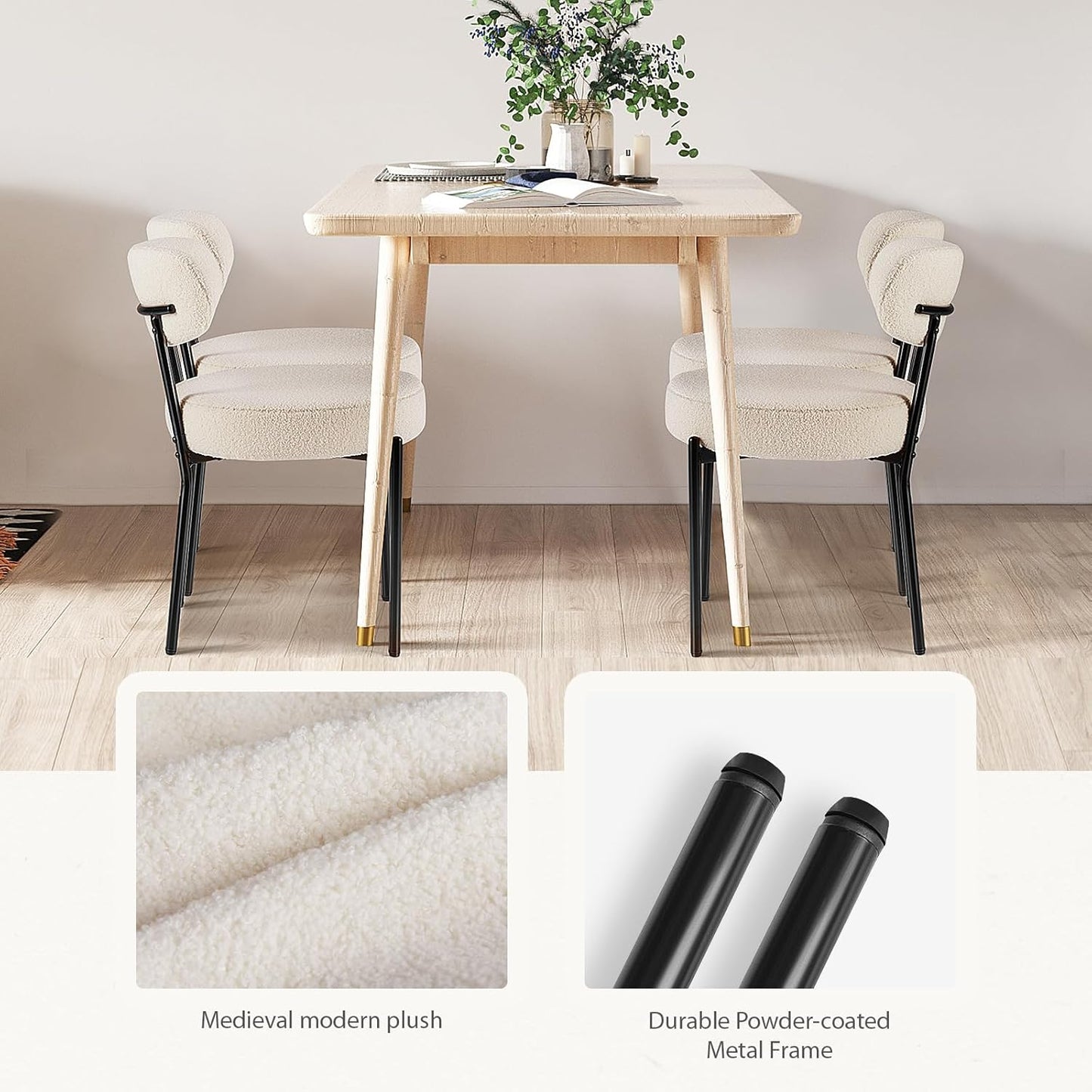 Set of 4 Modern Boucle Upholstered Dining Chairs – Mid-Century Round Kitchen Chairs with Curved Backrest & Metal Legs, Beige