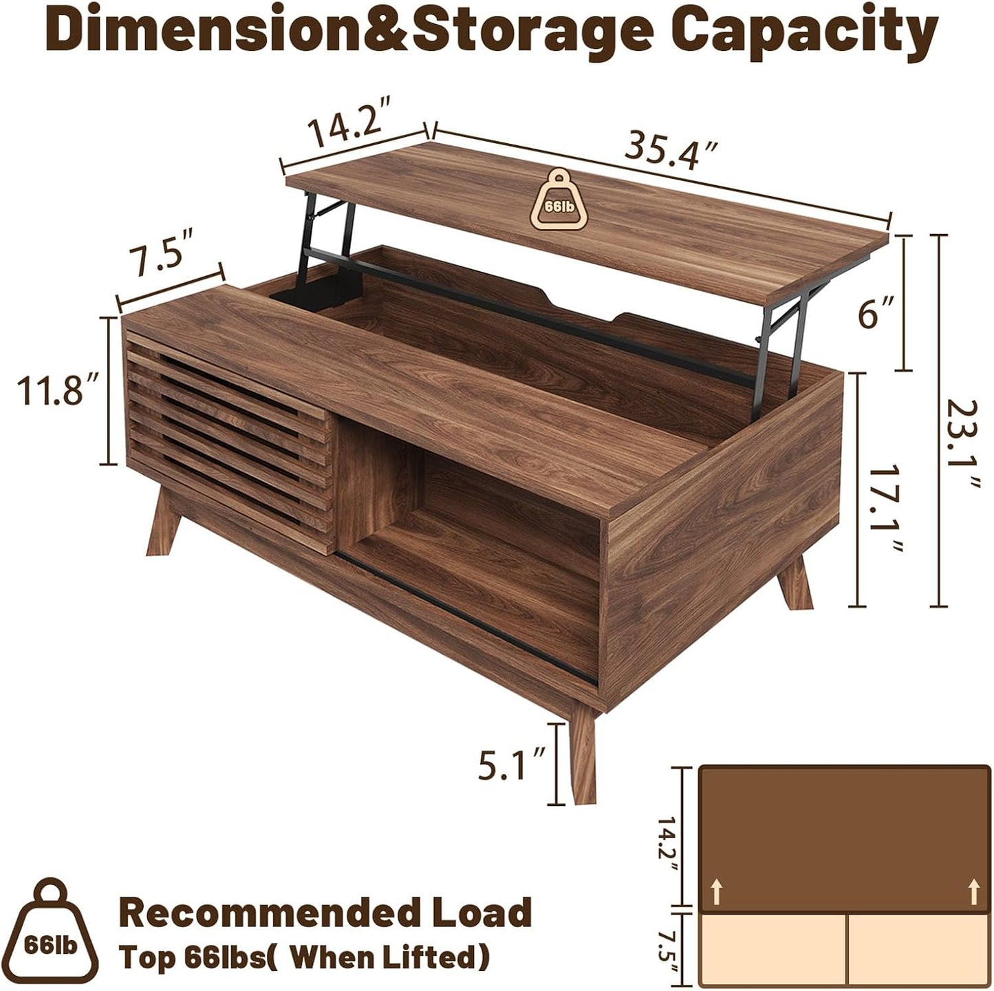 Lift Top Coffee Table with Sliding Storage Compartment – Mid-Century Modern Walnut Center Table, Rectangular Fluted Design, 35.4