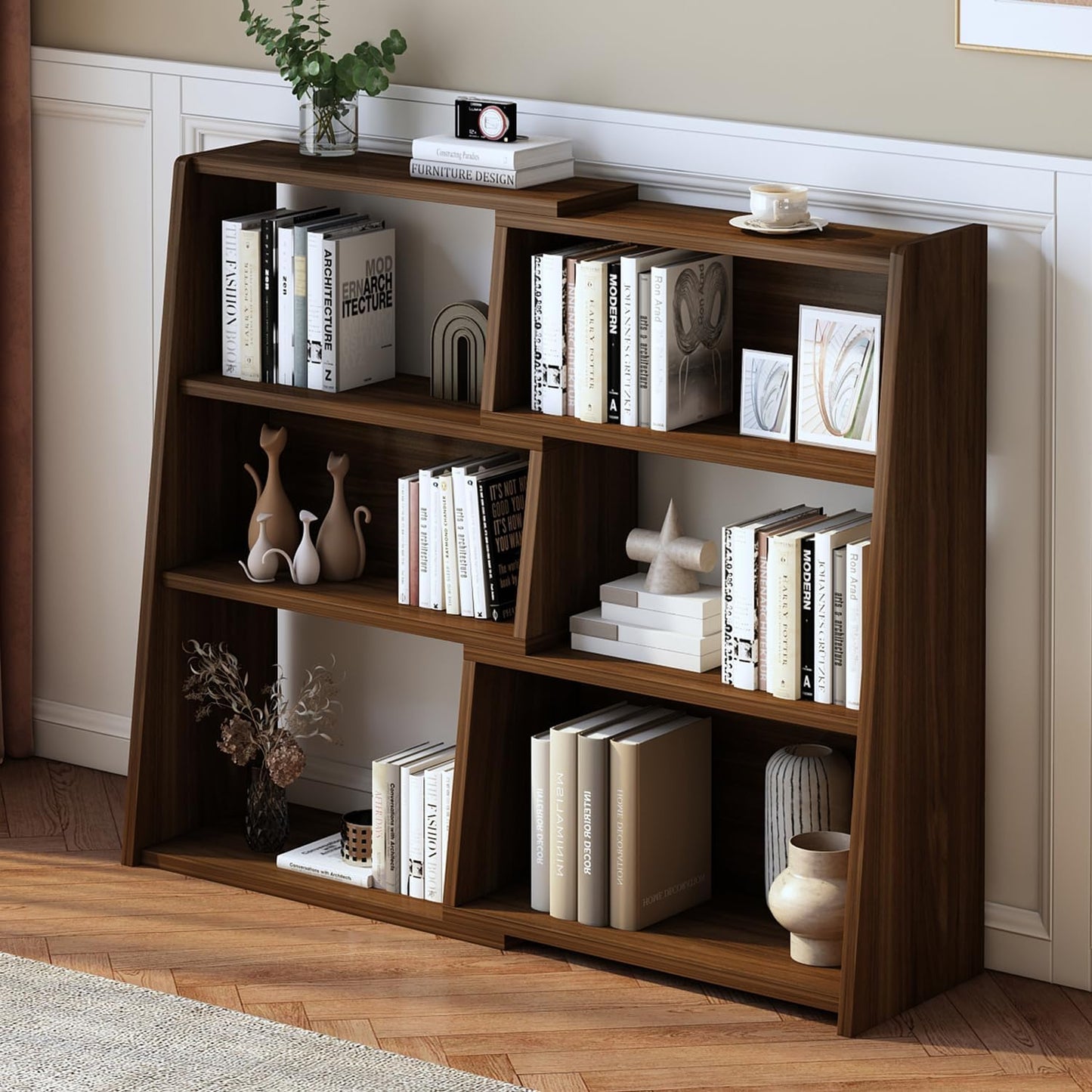 Wooden Extendable Shelf Bookcase – 3-Tier Ladder Low Bookshelf for Small Spaces or Corners, Dark Walnut, Small