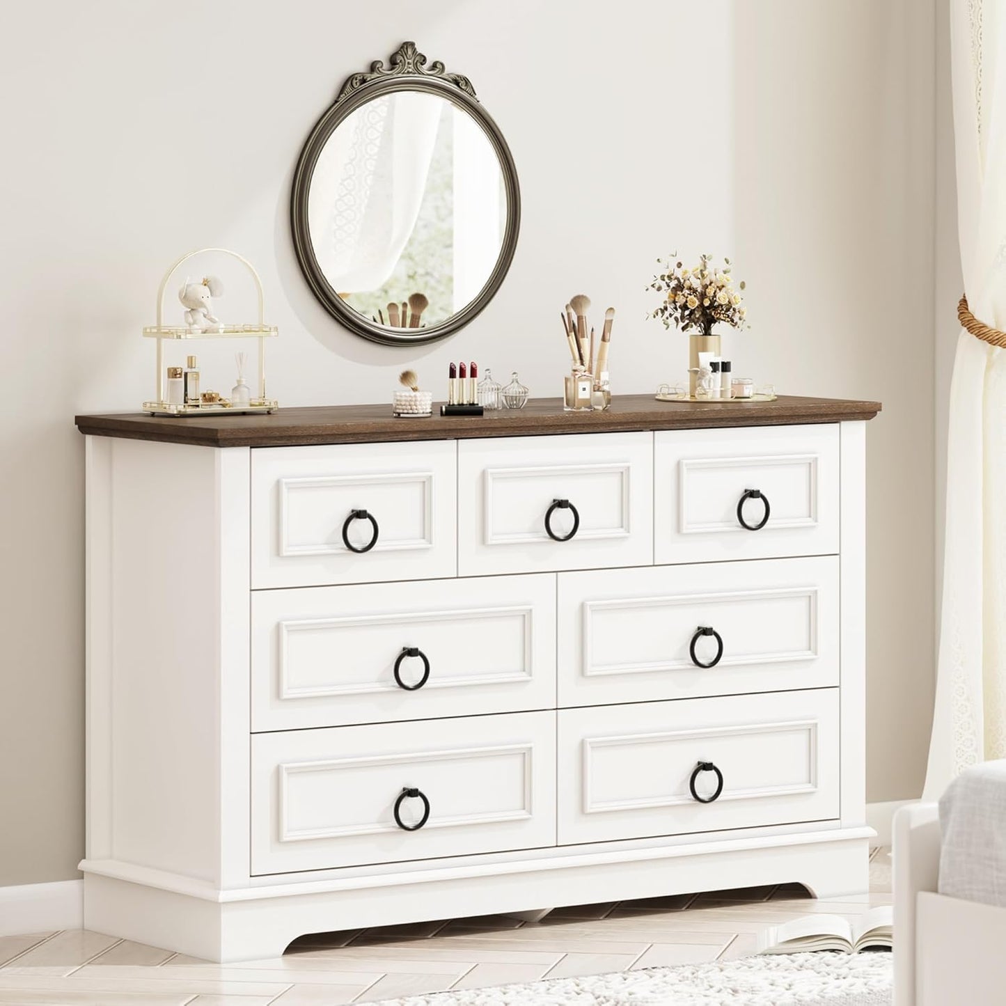 Farmhouse 7-Drawer Dresser – Rustic White Wood Chest for Bedroom, Hallway, or Entryway