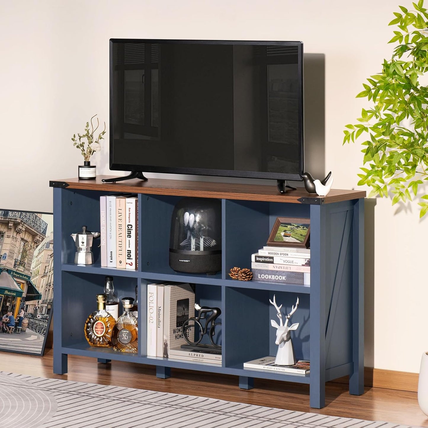 6-Cube Farmhouse Wood Low Storage Organizer – 47" Horizontal Navy Console Bookshelf with Legs