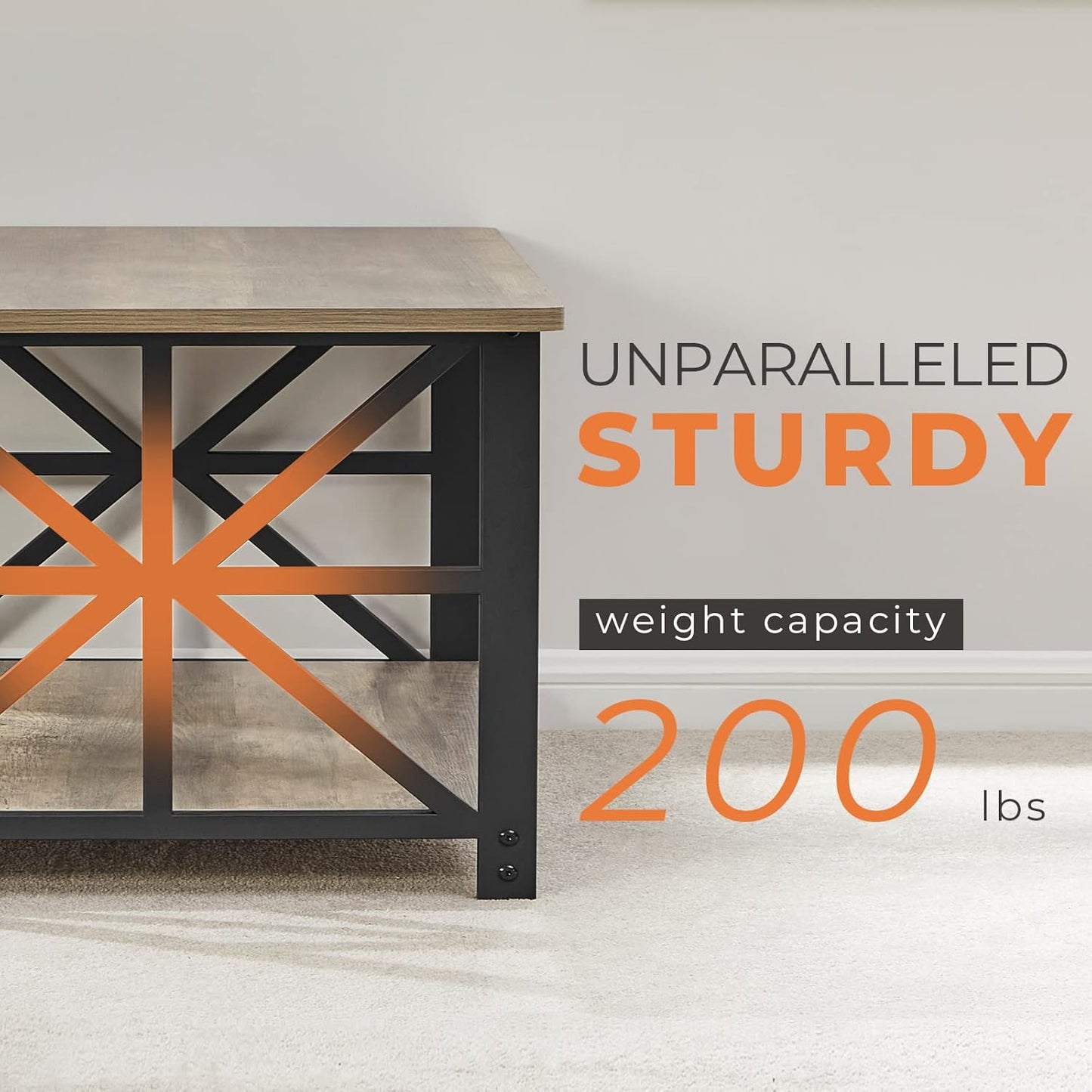 Farmhouse Coffee Table with Round Corners, Storage Shelf & Metal Frame, Gray Wash, 39"