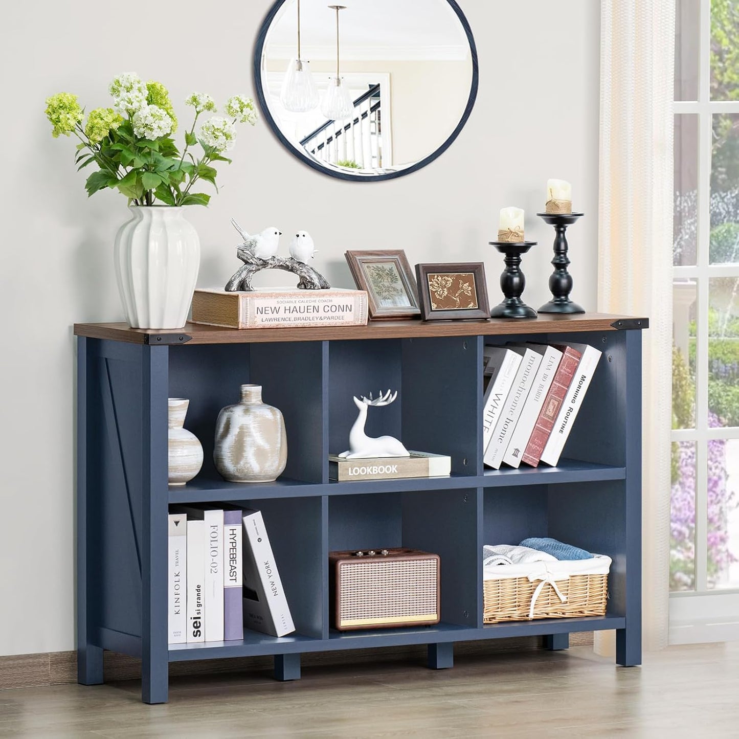 6-Cube Farmhouse Wood Low Storage Organizer – 47" Horizontal Navy Console Bookshelf with Legs