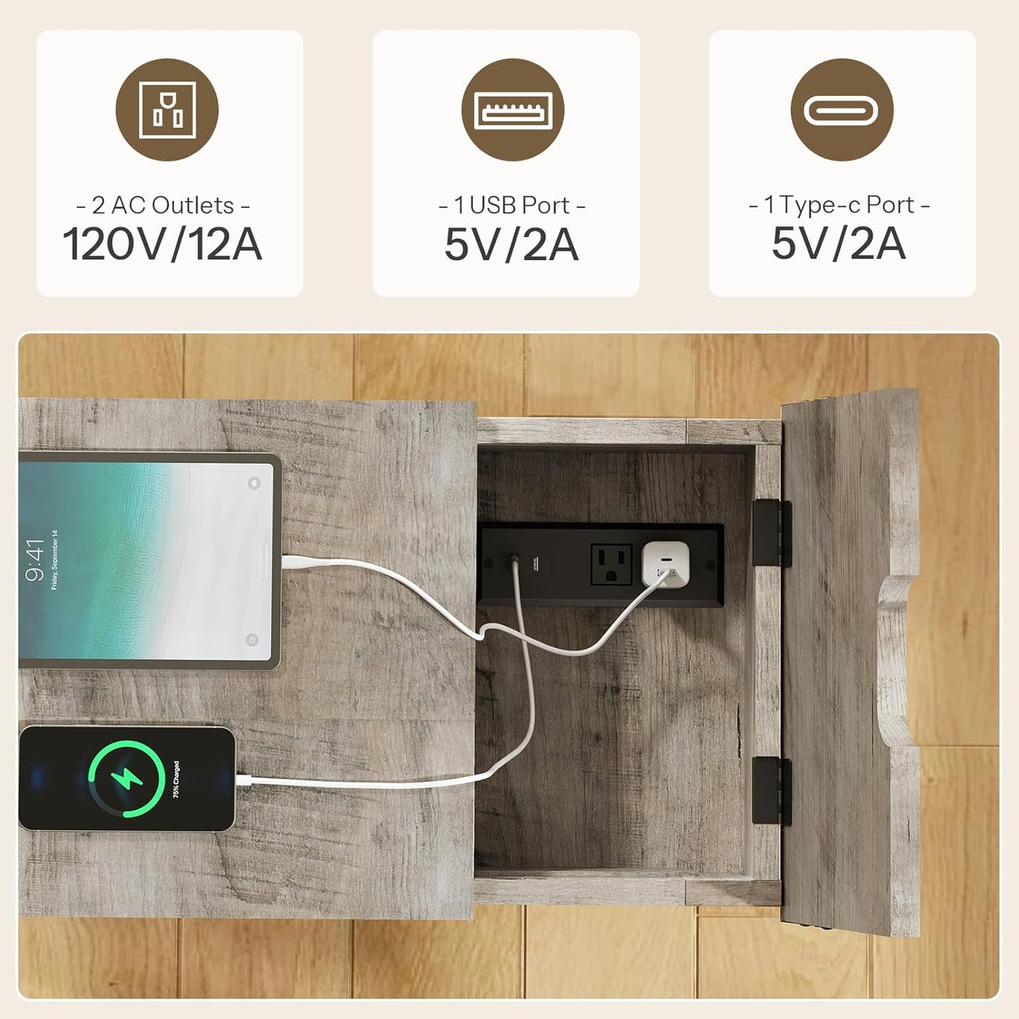 Narrow Farmhouse End Table with Charging Station – Slim Side Table / Small Nightstand for Living Room & Small Spaces, Flip-Top Storage, Greige