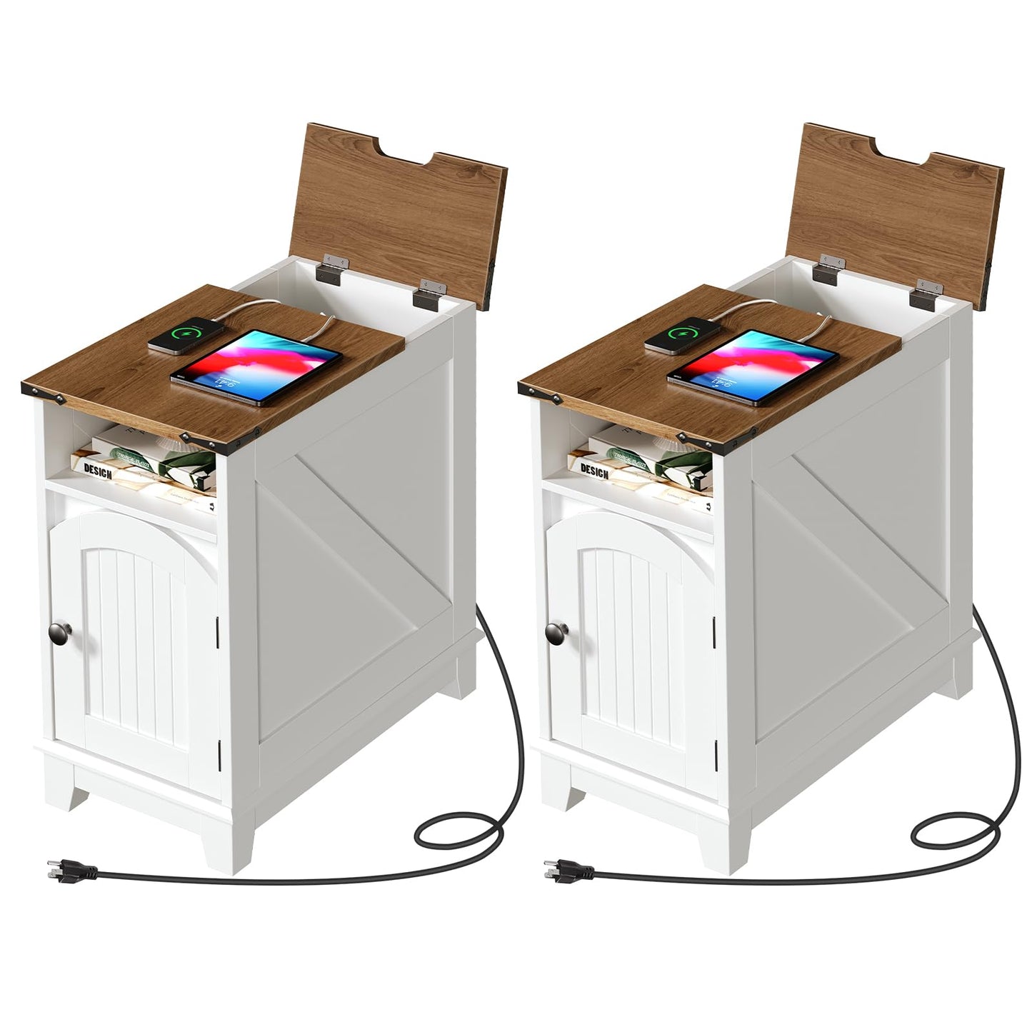 Narrow Farmhouse End Table with Charging Station – Slim Side Table / Small Nightstand for Living Room & Small Spaces, Flip-Top Storage, Greige