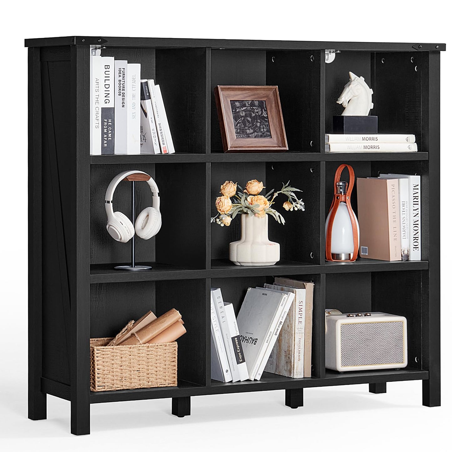 6-Cube Farmhouse Wood Low Storage Organizer – 47" Horizontal Navy Console Bookshelf with Legs