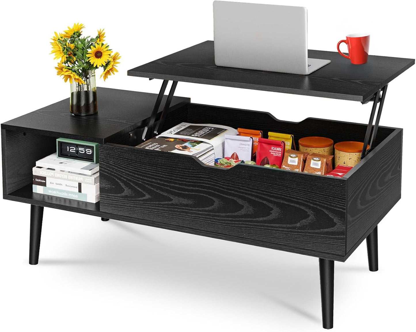 Lift Top Coffee Table with Hidden Storage Compartment and Large Lower Shelf – Modern Multifunctional Center Table for Living Room or Office, Black