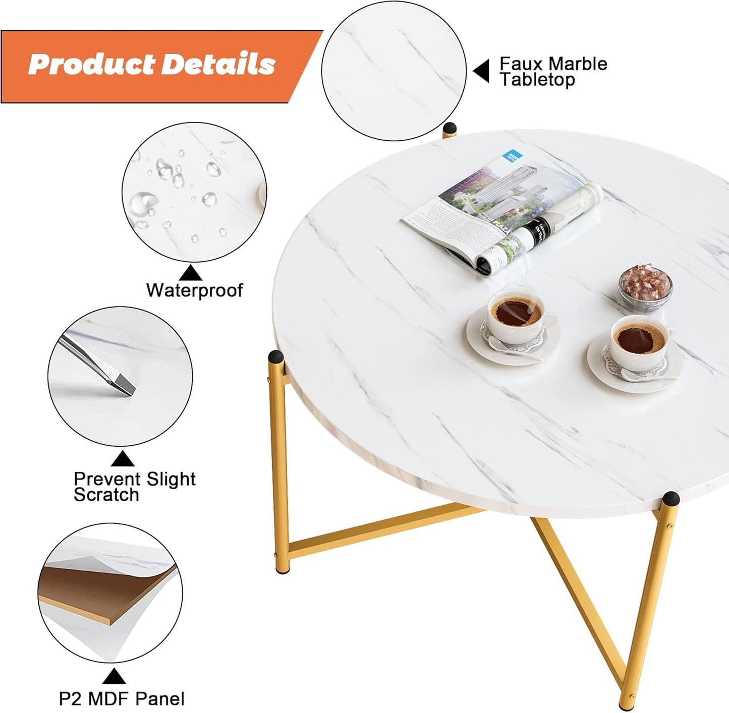 3-Piece Round Coffee Table Set with Faux Marble Top & Gold Metal Base – 1 Coffee Table + 2 Side Tables, Modern Living Room Accent Set, White & Gold