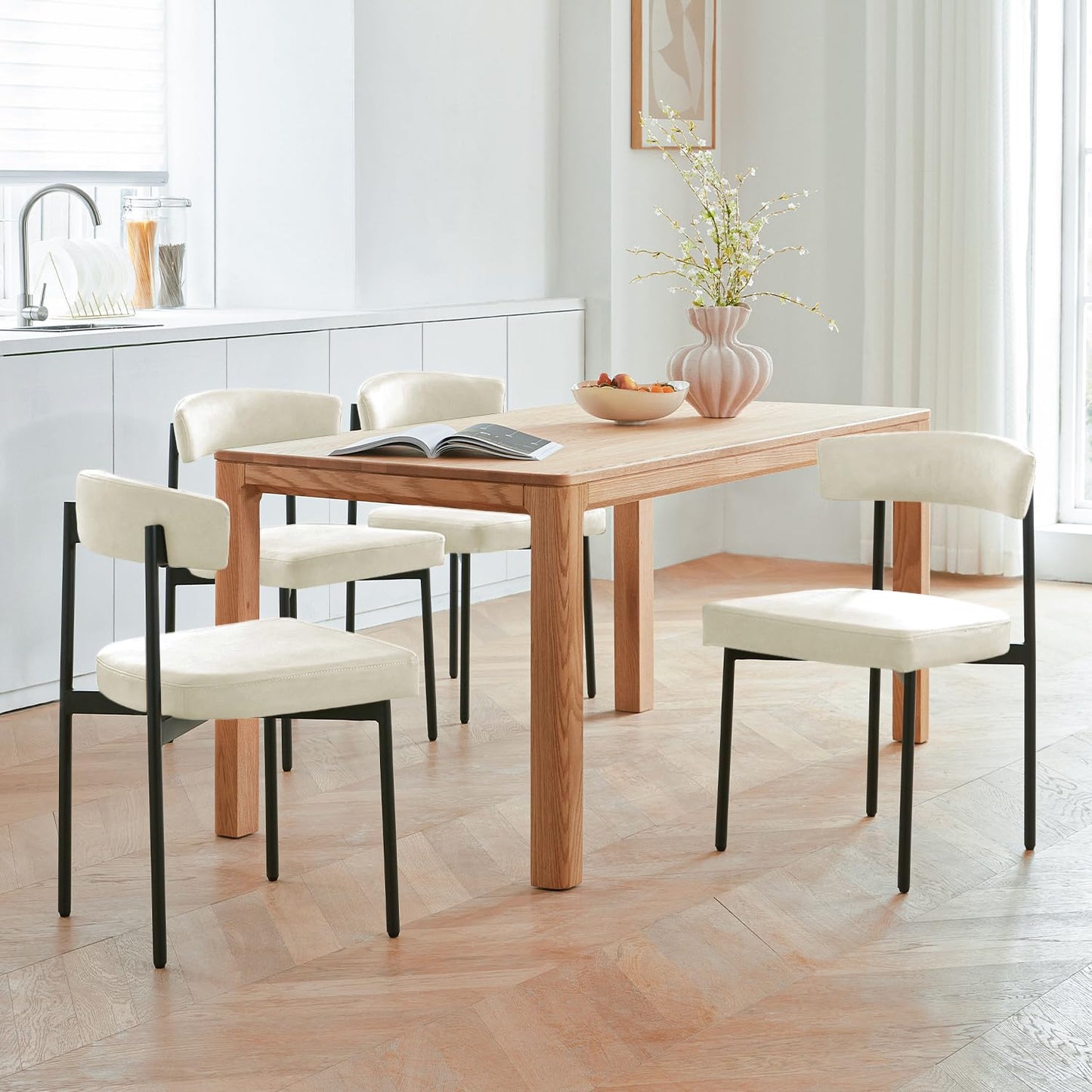 Set of 4 Brown Faux Leather Dining Chairs – Armless Upholstered Kitchen & Dining Chairs with Curved Backrest