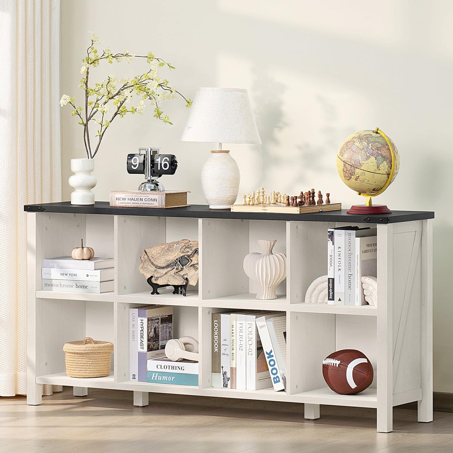 6-Cube Farmhouse Wood Low Storage Organizer – 47" Horizontal Navy Console Bookshelf with Legs