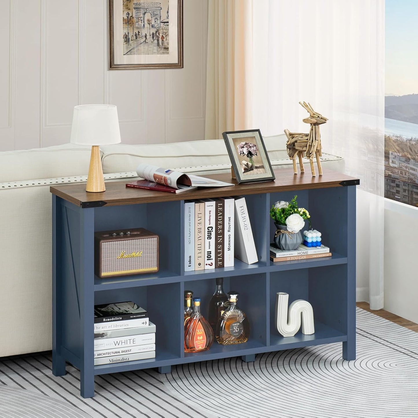 6-Cube Farmhouse Wood Low Storage Organizer – 47" Horizontal Navy Console Bookshelf with Legs
