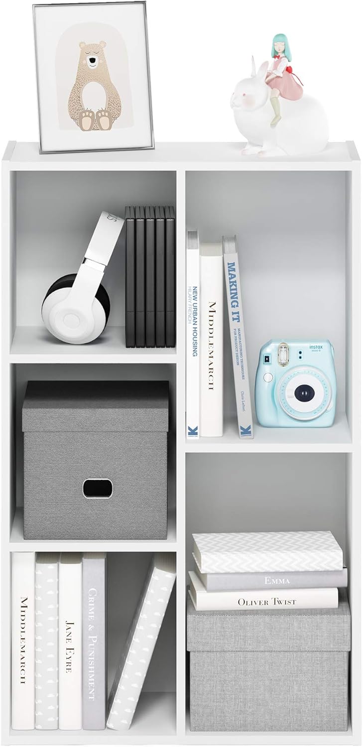 5-Cube Bookshelf, Reversible Bookcase – White Finish Dimensions: 9.4" D x 19.5" W x 31.5" H