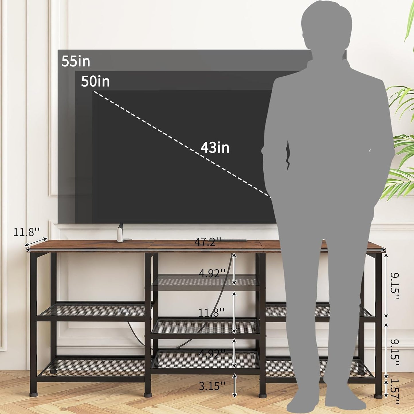 Rustic Brown TV Stand for 55-Inch TVs – Media Console with Adjustable Shelves, LED Lights & Built-In Power Outlets