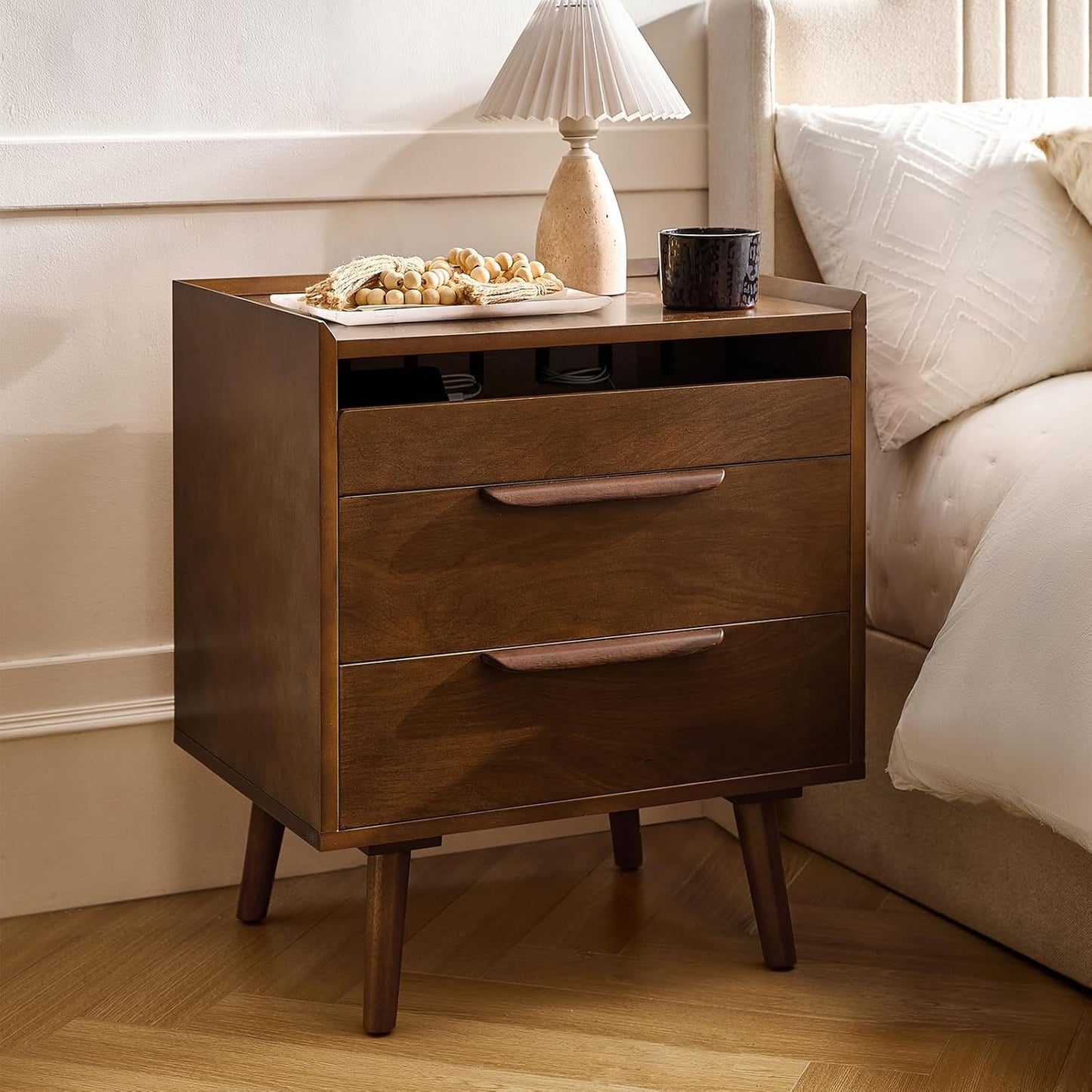 Mid-Century Modern Nightstand Set of 2 with Charging Station – 2-Drawer Wood Bedside Tables with Pull-Out Shelf, Walnut Finish