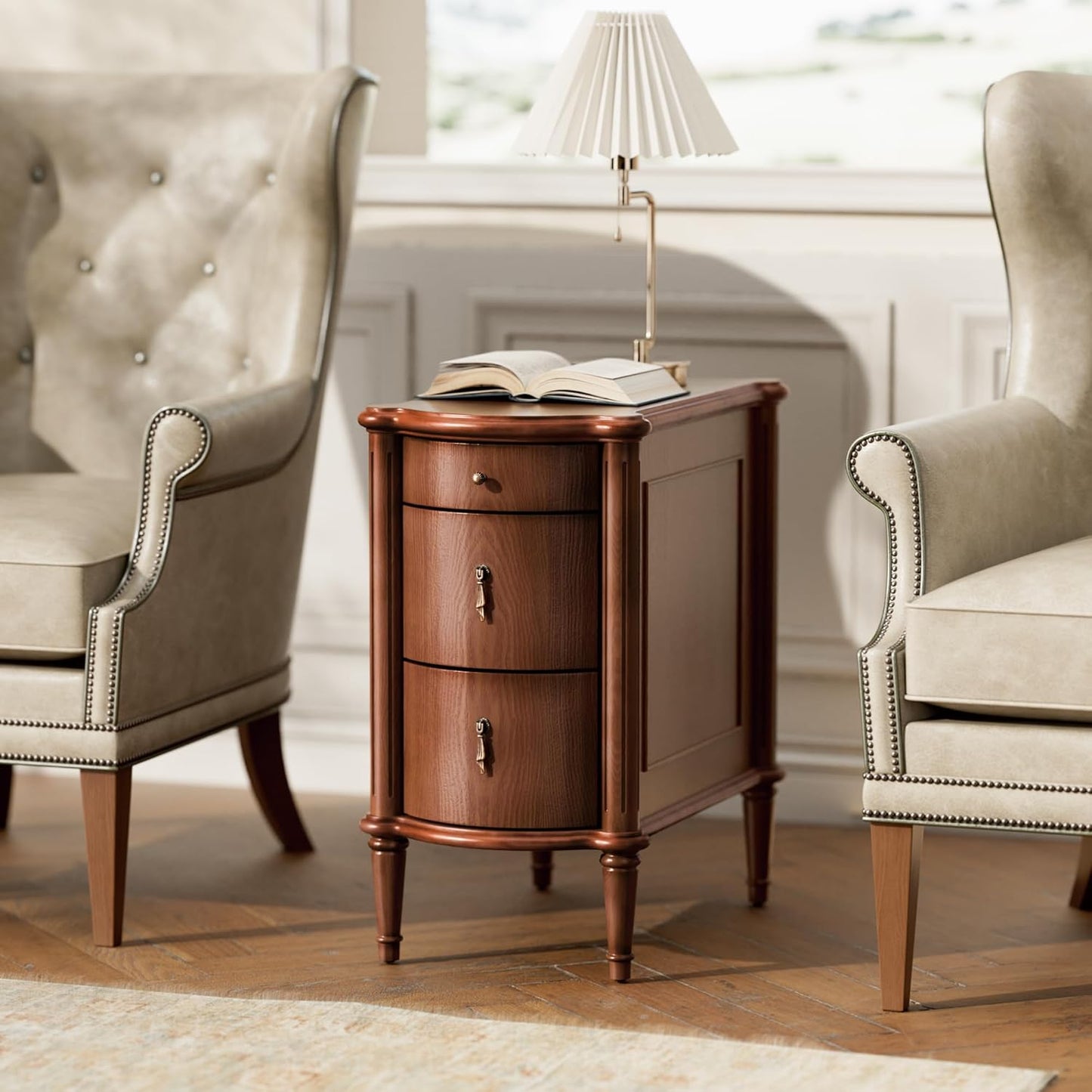3-Drawer Nightstand Set of 2 with Built-in Charging Station – Vintage-Inspired Side Table, Brown Wood Finish