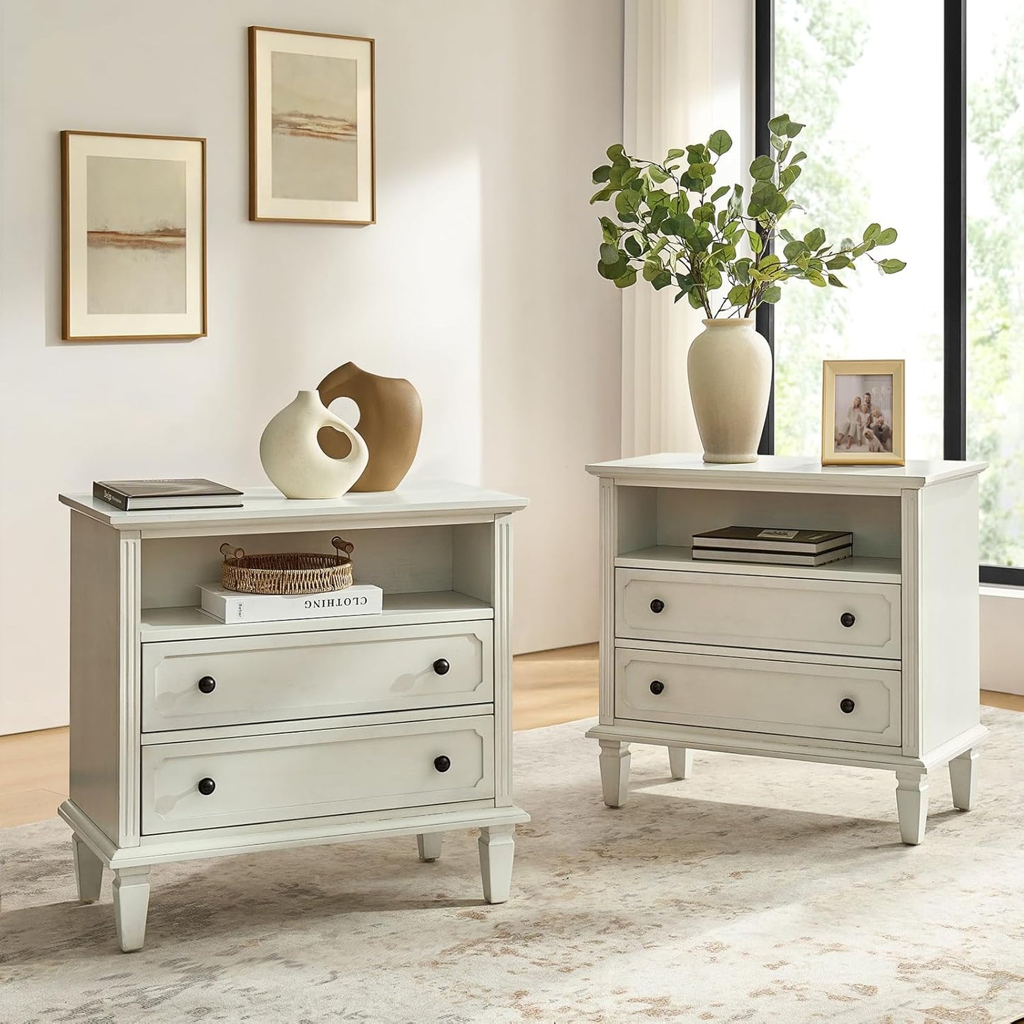 Farmhouse Nightstand Set of 2 with Charging Station – 2-Drawer Bedside Tables with Open Shelf, White Finish