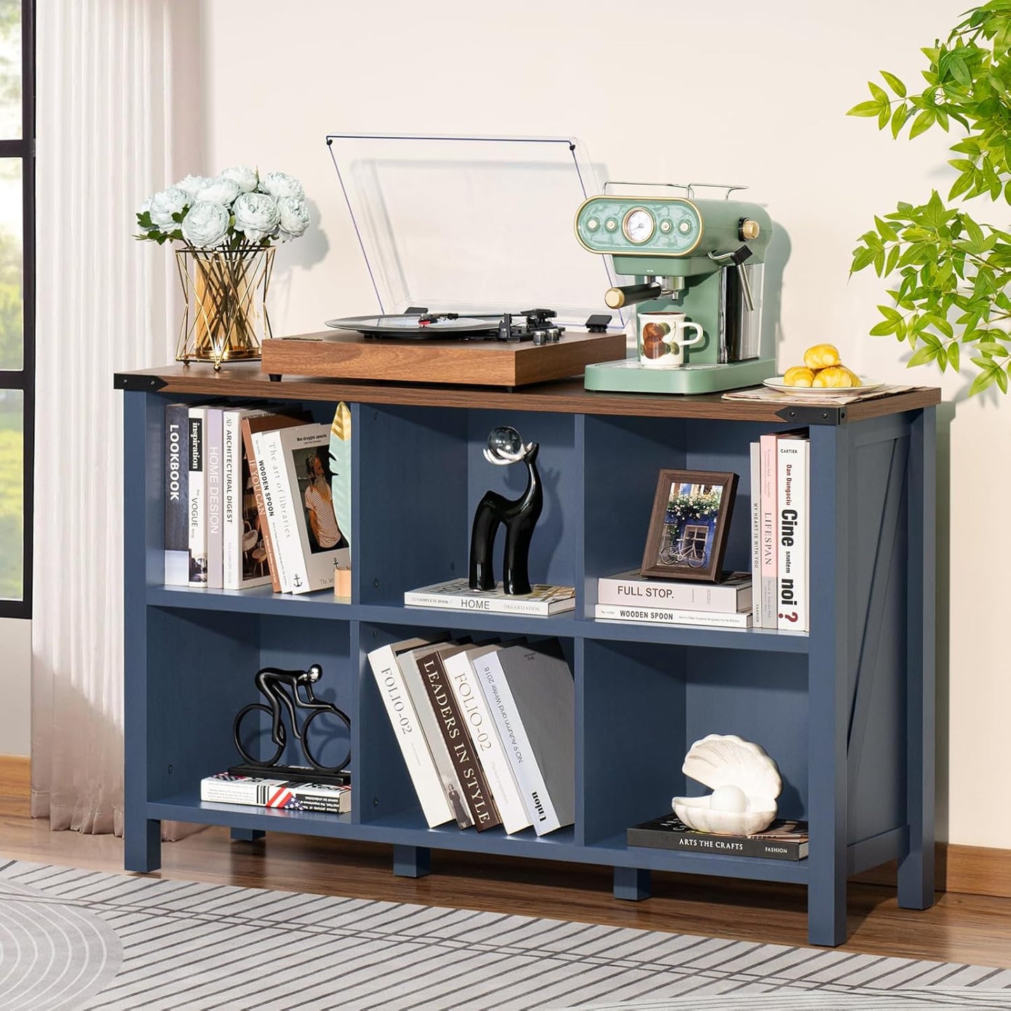 6-Cube Farmhouse Wood Low Storage Organizer – 47" Horizontal Navy Console Bookshelf with Legs