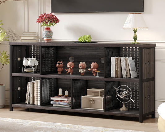 Industrial Horizontal Bookcase – Rustic Wood 4/5/6/7/8 Cube Bookshelf, 63-Inch Wide, Dark Gray Oak