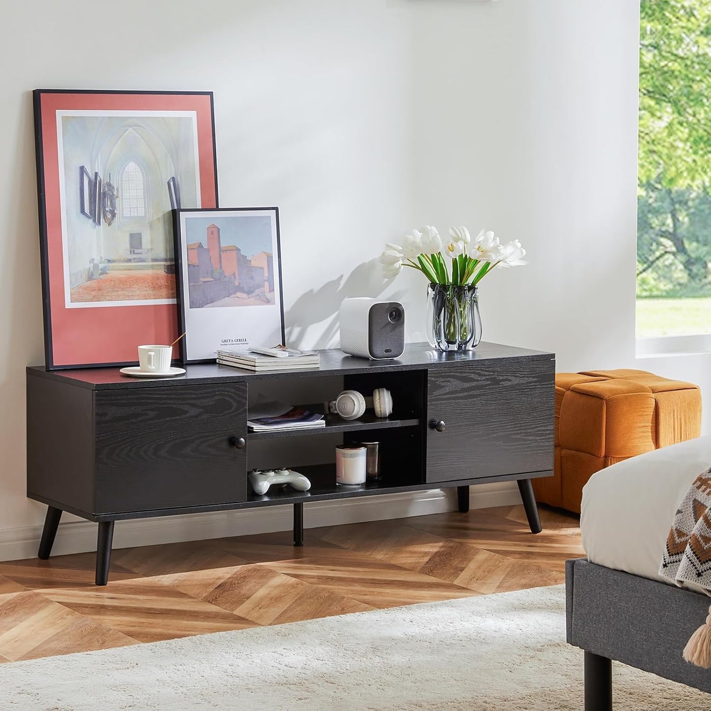 Modern Mid-Century TV Stand for 55–60 Inch TVs – Entertainment Center with Storage Cabinets and Adjustable Shelves, Pure Black