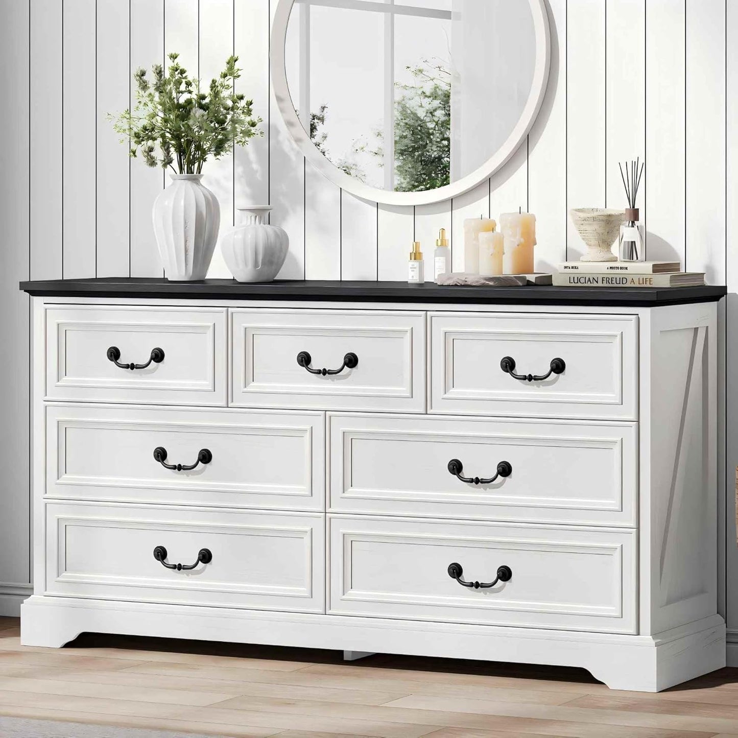 Farmhouse 7-Drawer Dresser – 59" Wide Rustic White Wooden Chest for Bedroom, Hallway, or Living Room