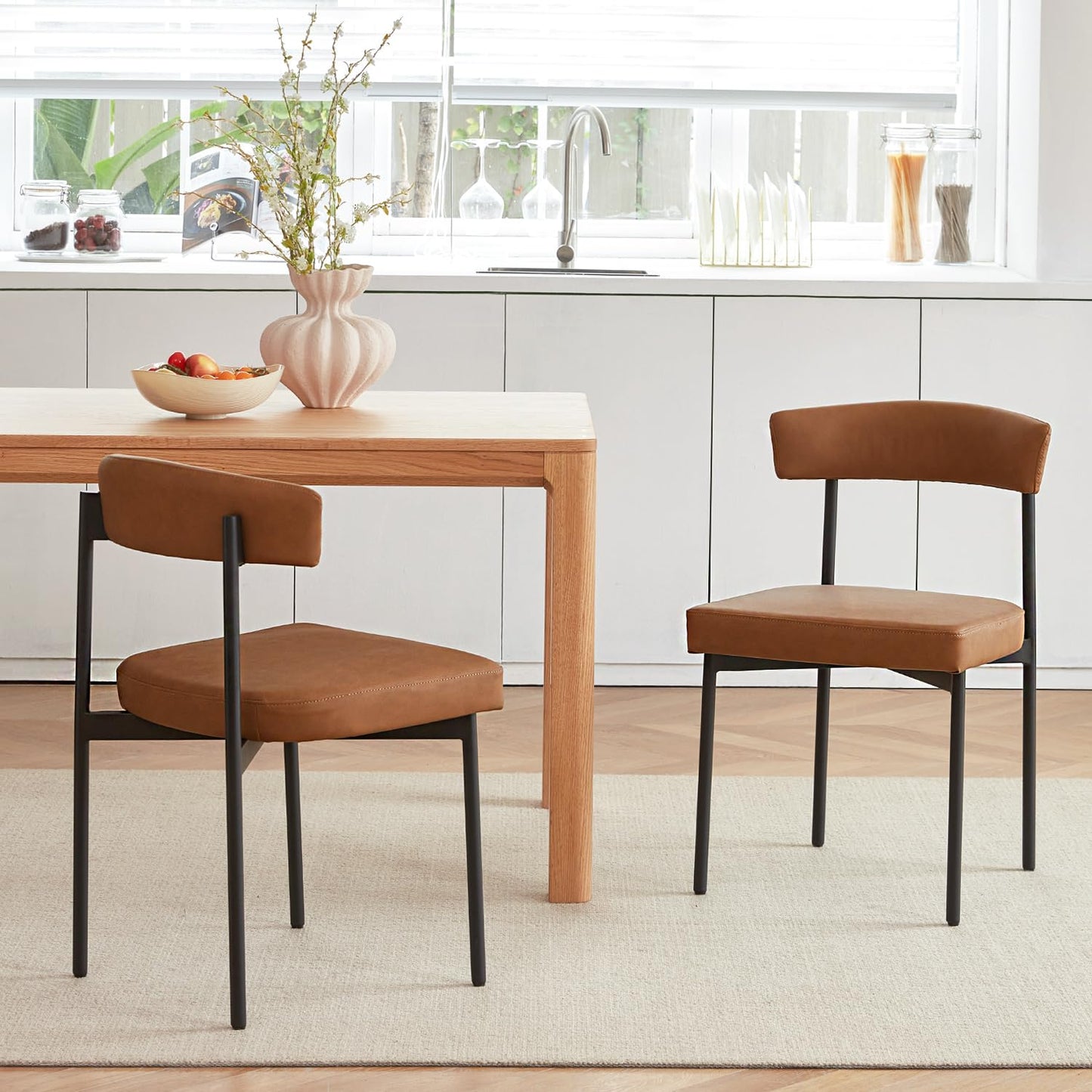 Set of 4 Brown Faux Leather Dining Chairs – Armless Upholstered Kitchen & Dining Chairs with Curved Backrest