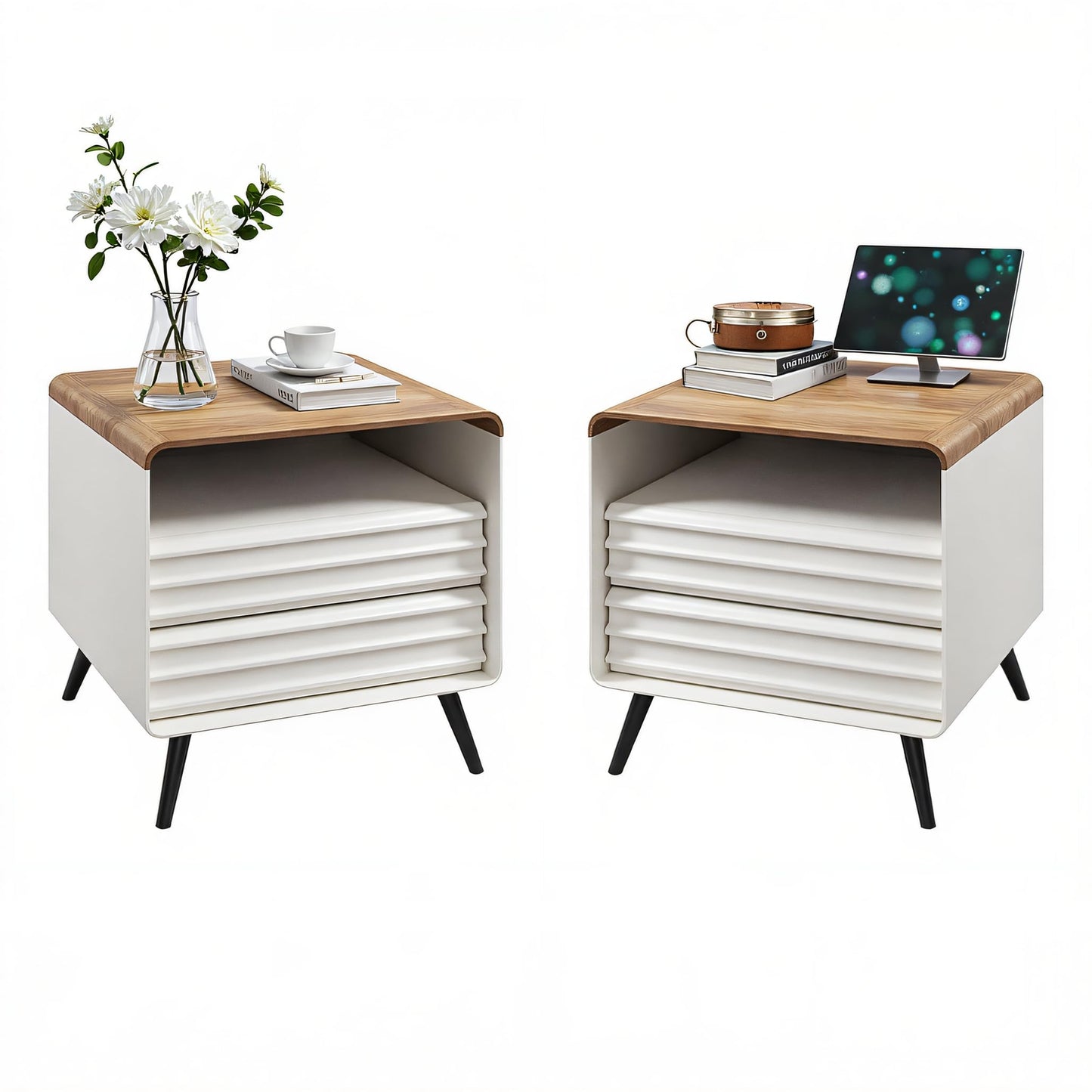 T4TREAM Fluted Nightstand with Charging Station,24" Modern Side Table with 2 Drawers, Mid Century End Table w/Storage, Bedside Table for Bedroom, Living Room, Curved Profile Design, Natural Oak