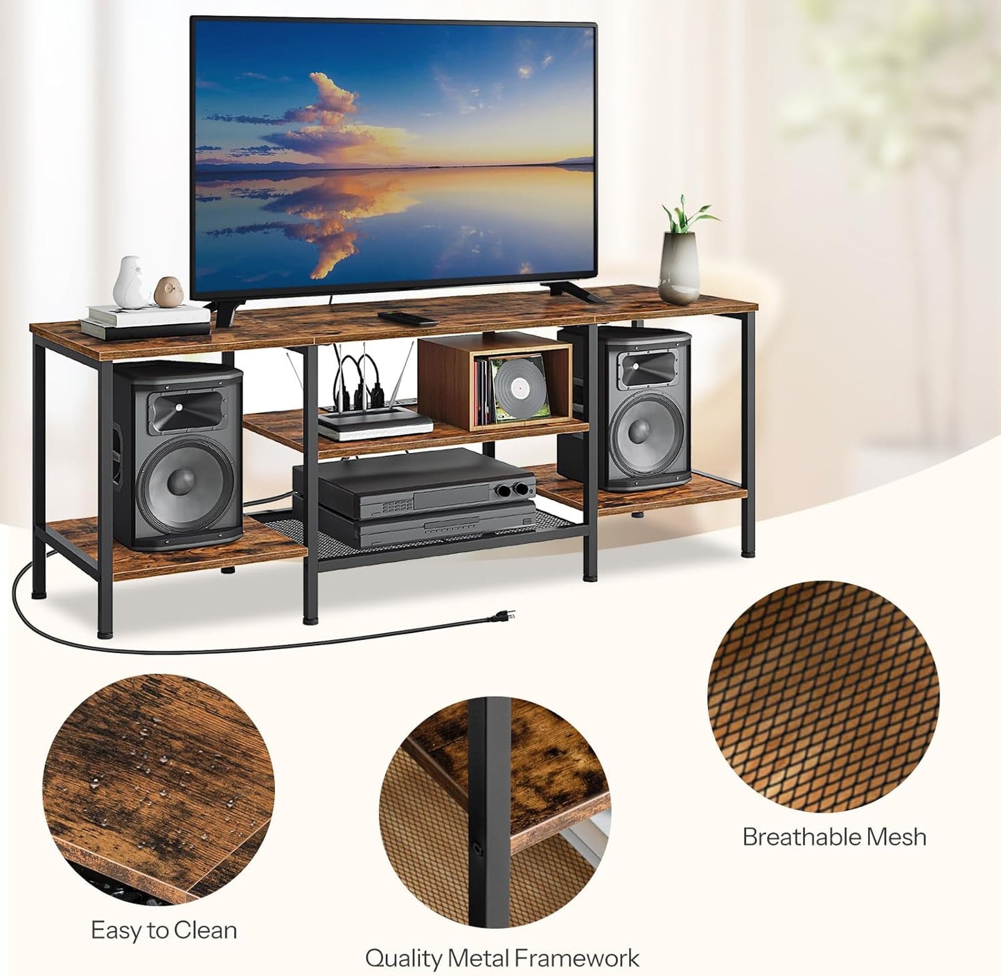 Industrial TV Console for TVs up to 65 Inches – Media Storage Table with Power Outlets & Open Shelves, Rustic Brown and Black