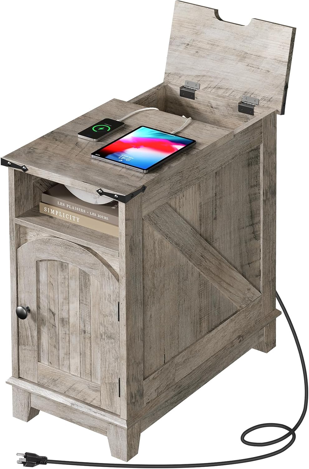 Narrow Farmhouse End Table with Charging Station – Slim Side Table / Small Nightstand for Living Room & Small Spaces, Flip-Top Storage, Greige