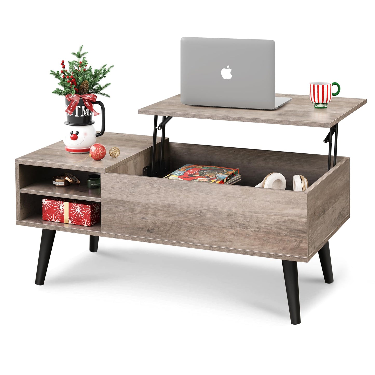 Lift Top Coffee Table with Hidden Storage & Adjustable Shelf – Mid-Century Modern Wood Table for Living Room, Rustic Brown