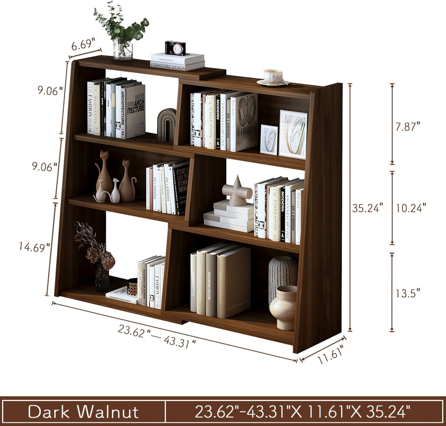 Wooden Extendable Shelf Bookcase – 3-Tier Ladder Low Bookshelf for Small Spaces or Corners, Dark Walnut, Small