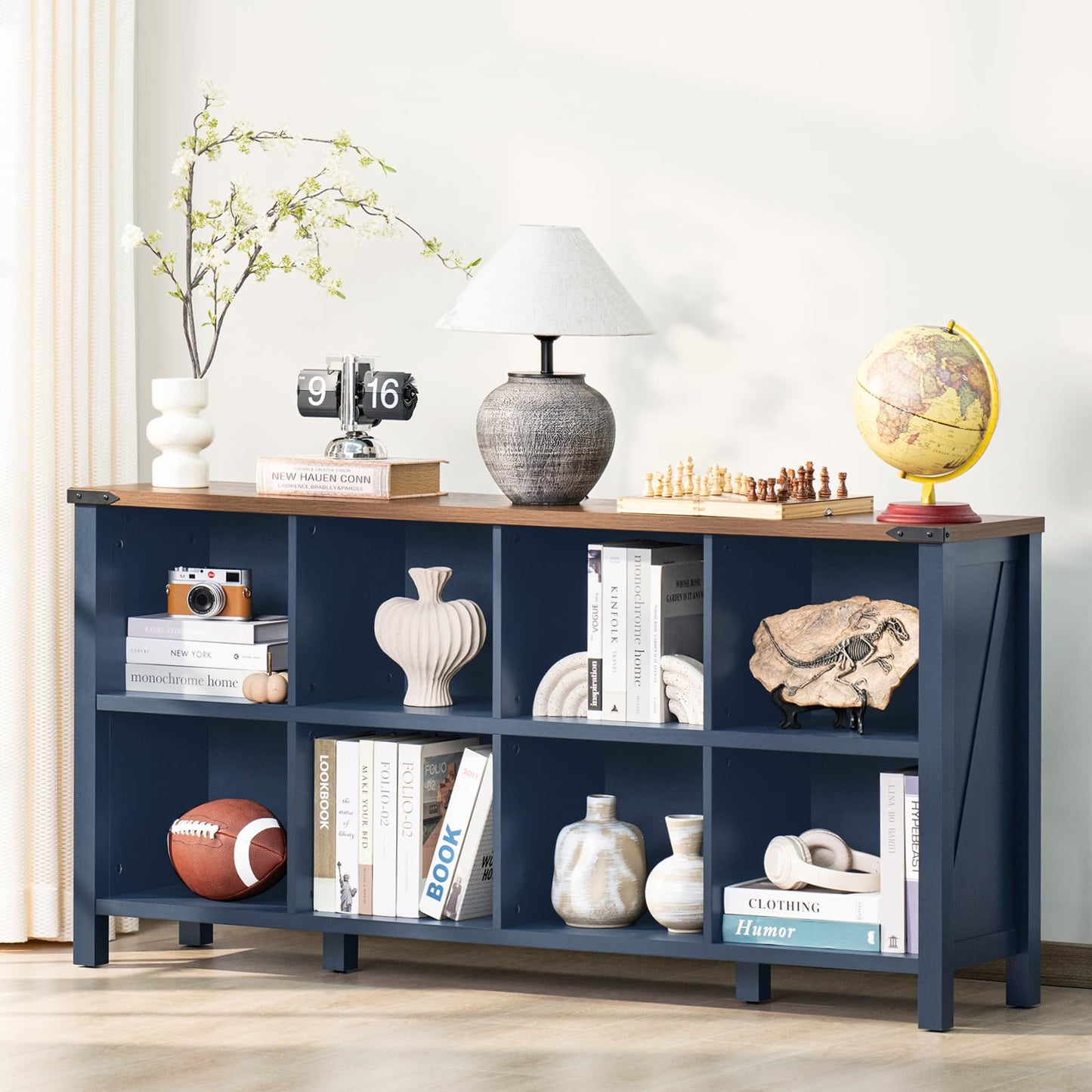6-Cube Farmhouse Wood Low Storage Organizer – 47" Horizontal Navy Console Bookshelf with Legs