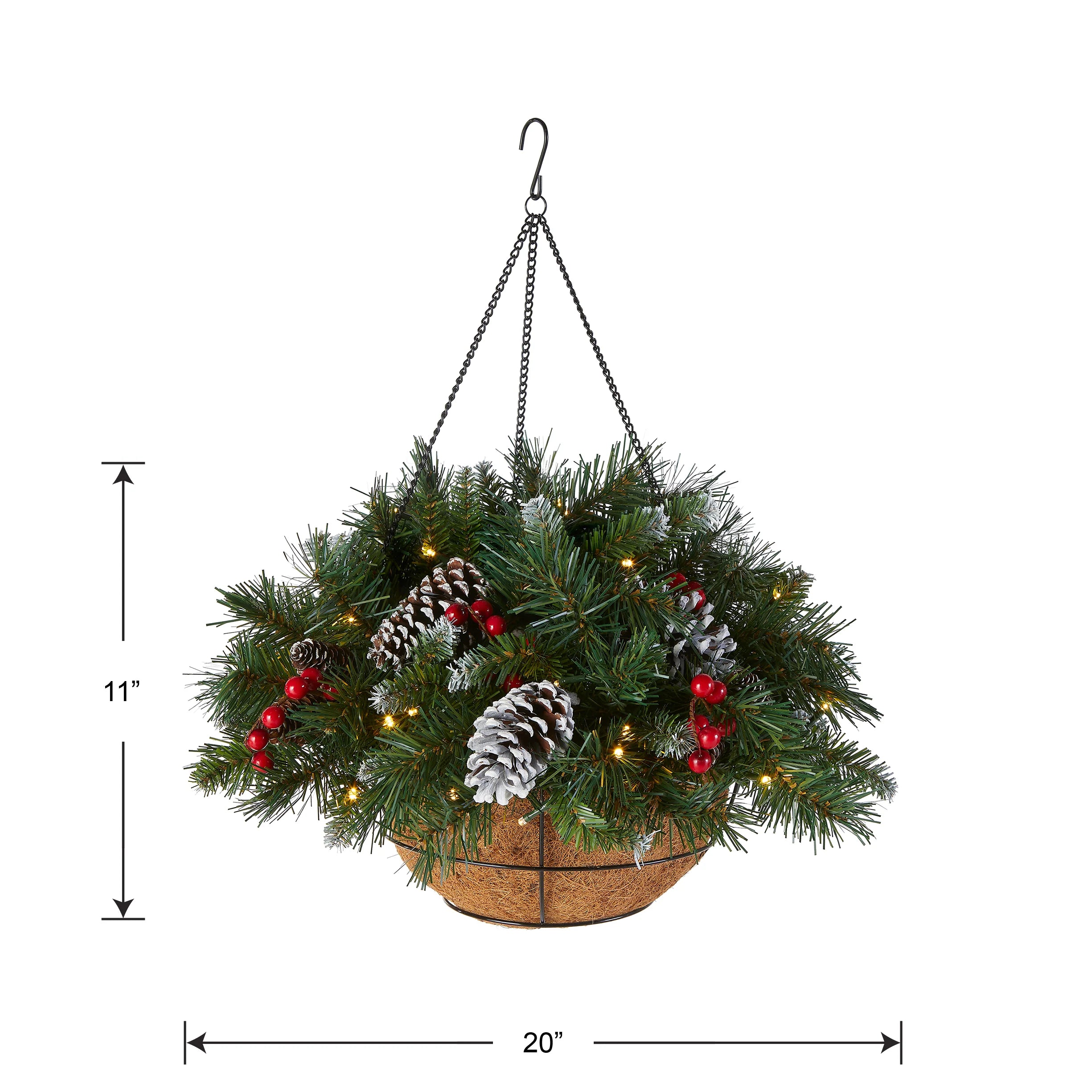 20 in. Pre-Lit  Frosted Berry Hanging Basket with LED Lights